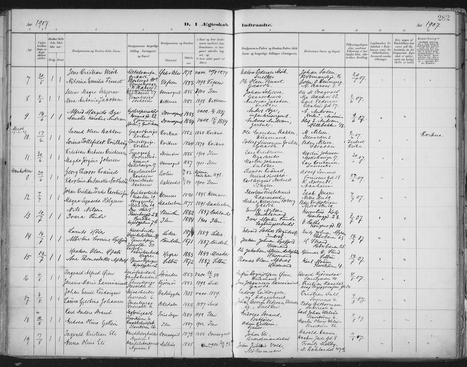Ministerialprotokoller, klokkerbøker og fødselsregistre - Sør-Trøndelag, SAT/A-1456/603/L0167: Parish register (official) no. 603A06, 1896-1932, p. 282