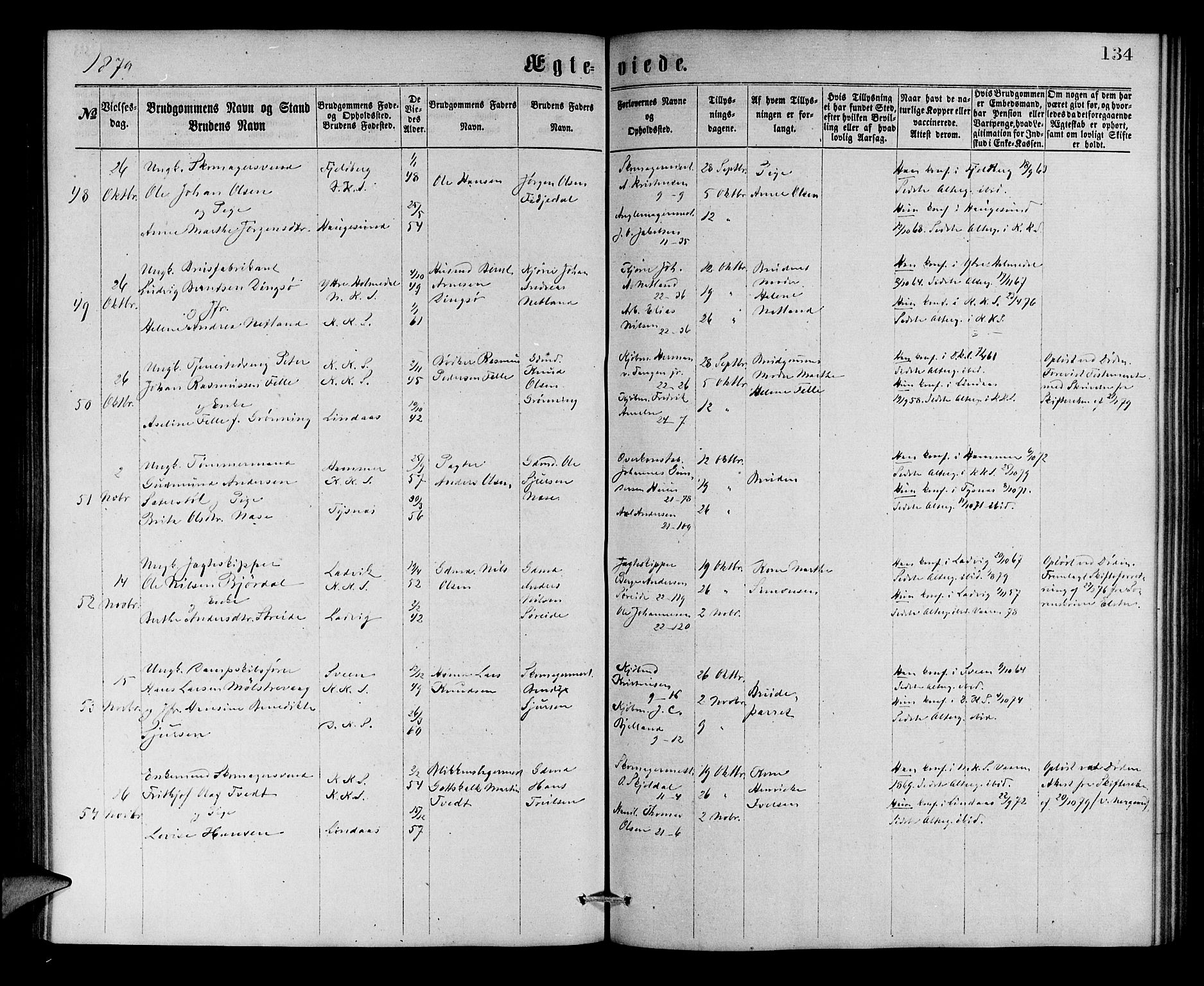 Korskirken sokneprestembete, AV/SAB-A-76101/H/Hab: Parish register (copy) no. D 2, 1867-1886, p. 134