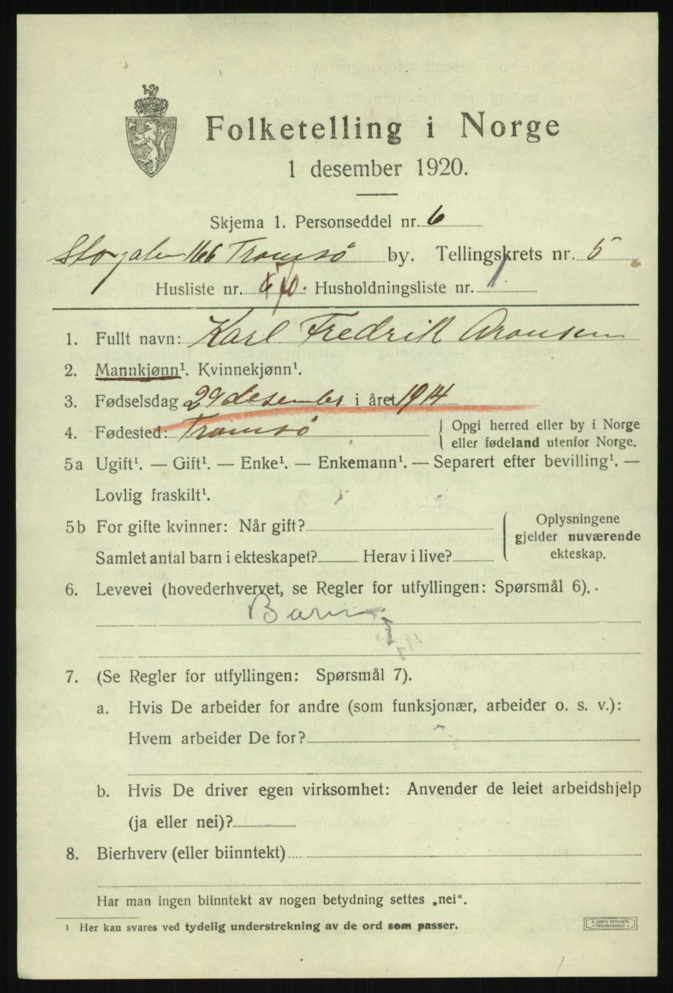 SATØ, 1920 census for Tromsø, 1920, p. 14921