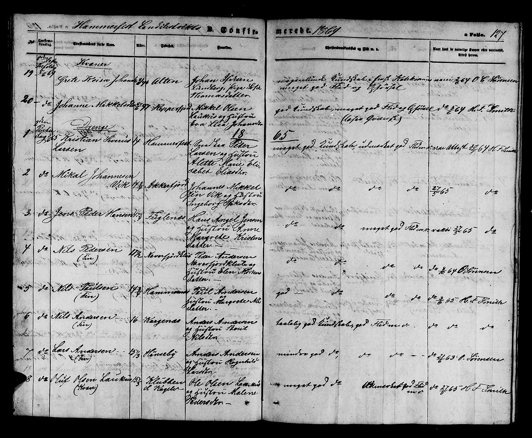 Hammerfest sokneprestkontor, SATØ/S-1347/H/Hb/L0003.klokk: Parish register (copy) no. 3 /2, 1863-1868, p. 127