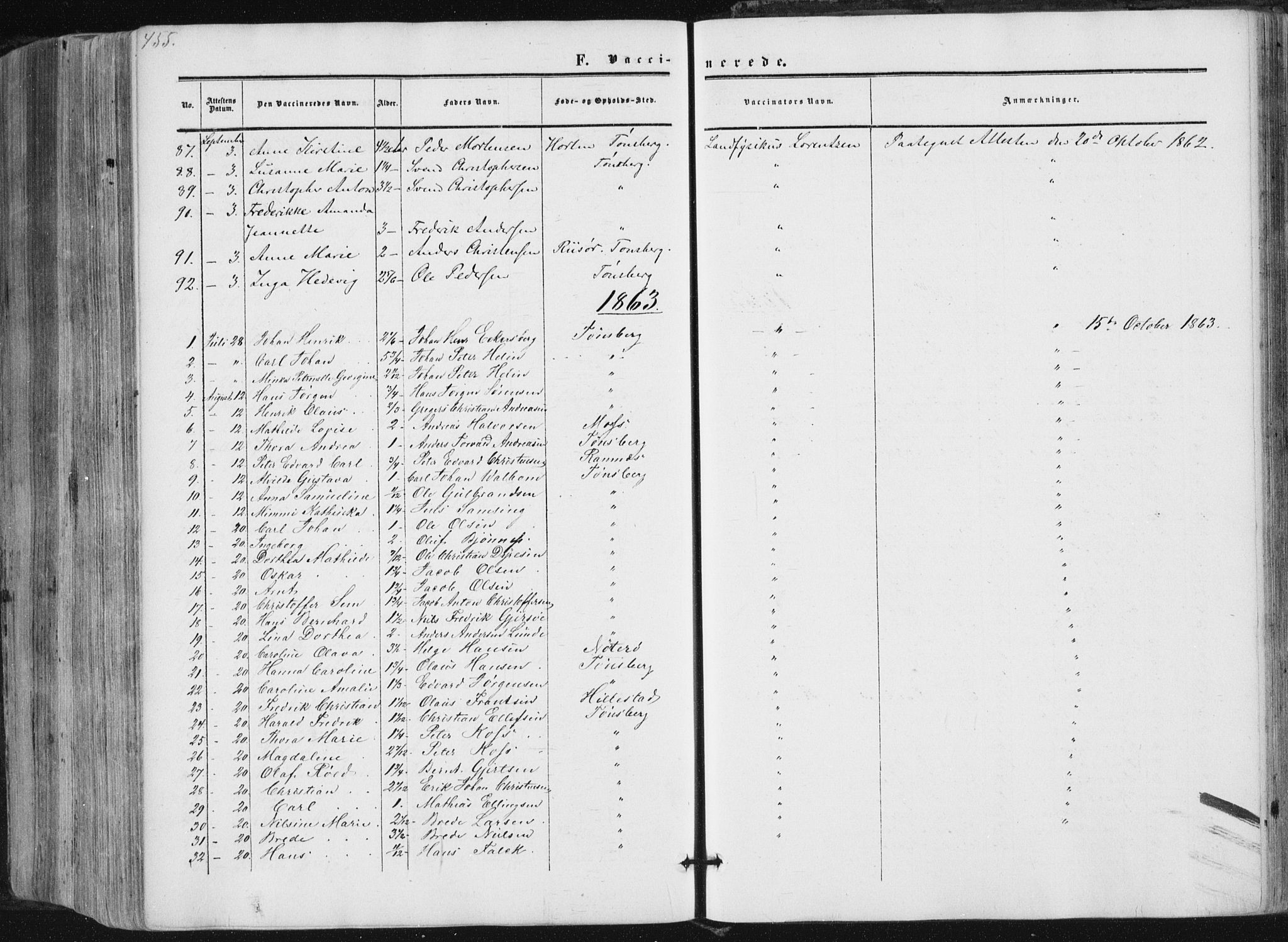 Tønsberg kirkebøker, AV/SAKO-A-330/F/Fa/L0008: Parish register (official) no. I 8, 1855-1864, p. 455