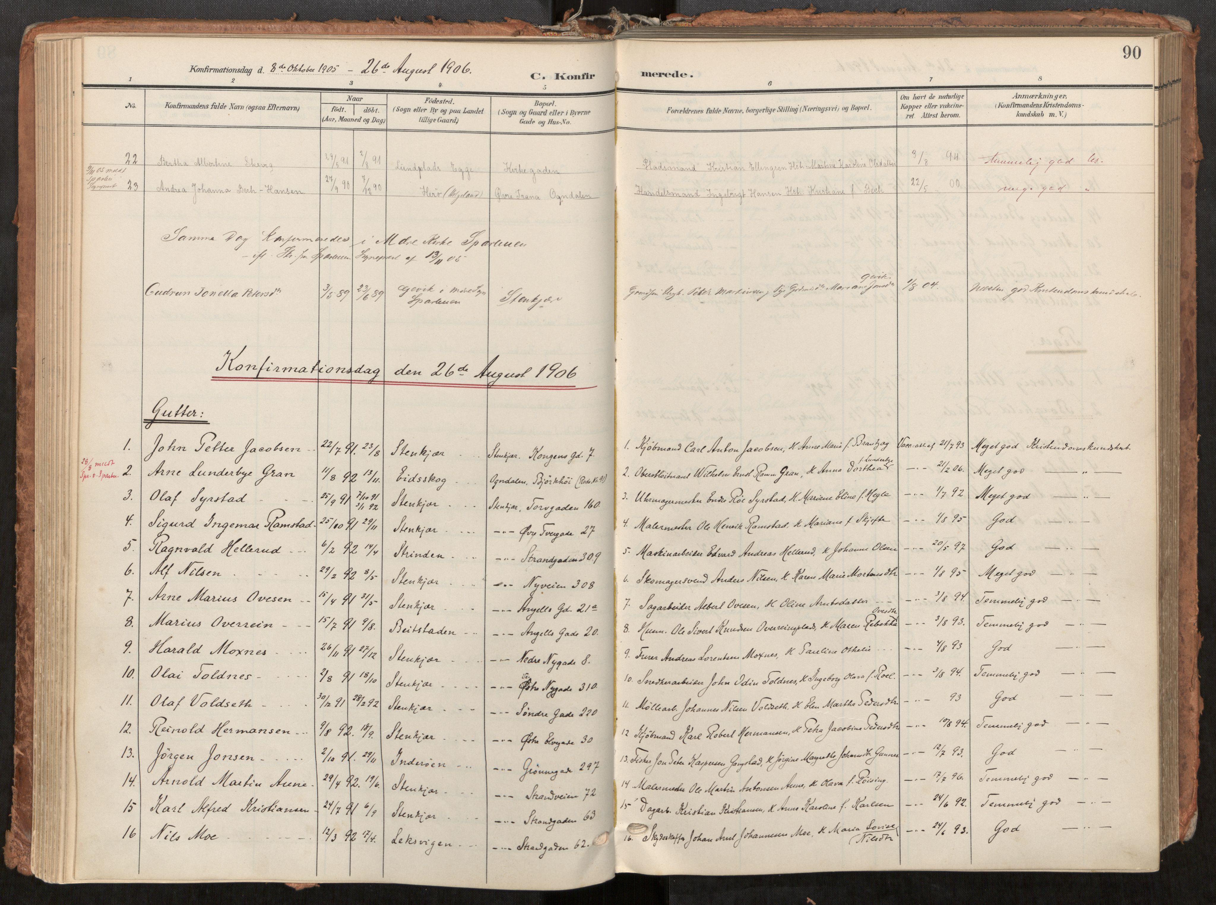 Steinkjer sokneprestkontor, SAT/A-1541/01/H/Ha/Haa/L0001: Parish register (official) no. 1, 1904-1912, p. 90