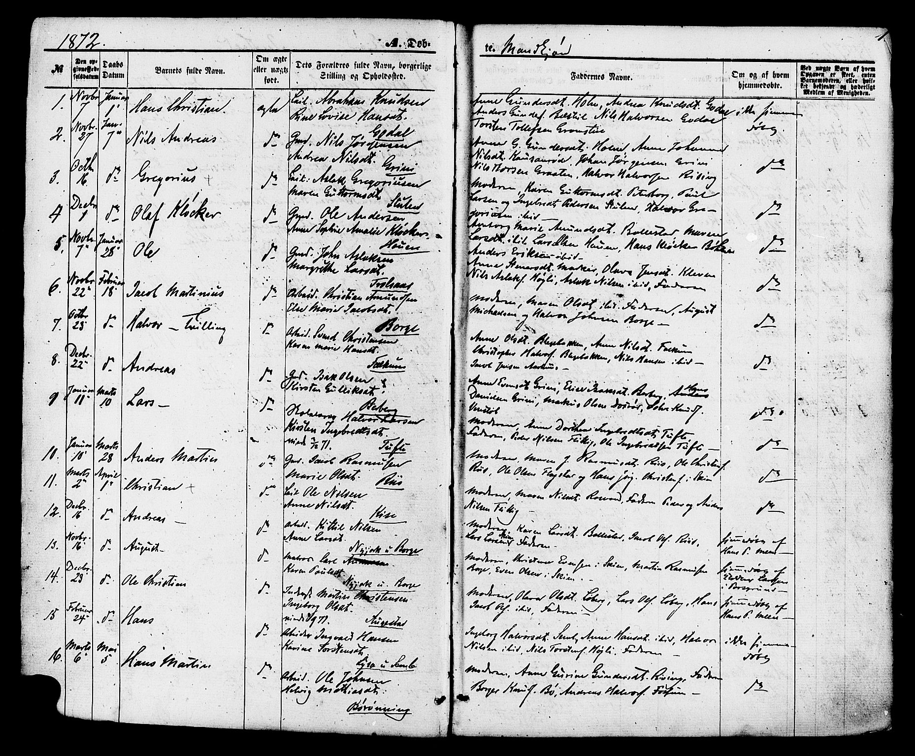 Gjerpen kirkebøker, AV/SAKO-A-265/F/Fa/L0009: Parish register (official) no. I 9, 1872-1885, p. 1