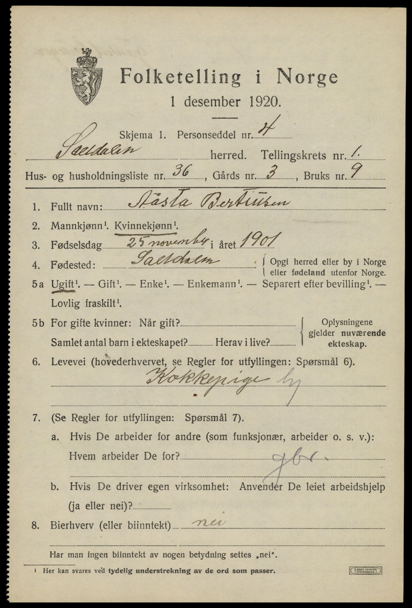 SAT, 1920 census for Saltdal, 1920, p. 1719