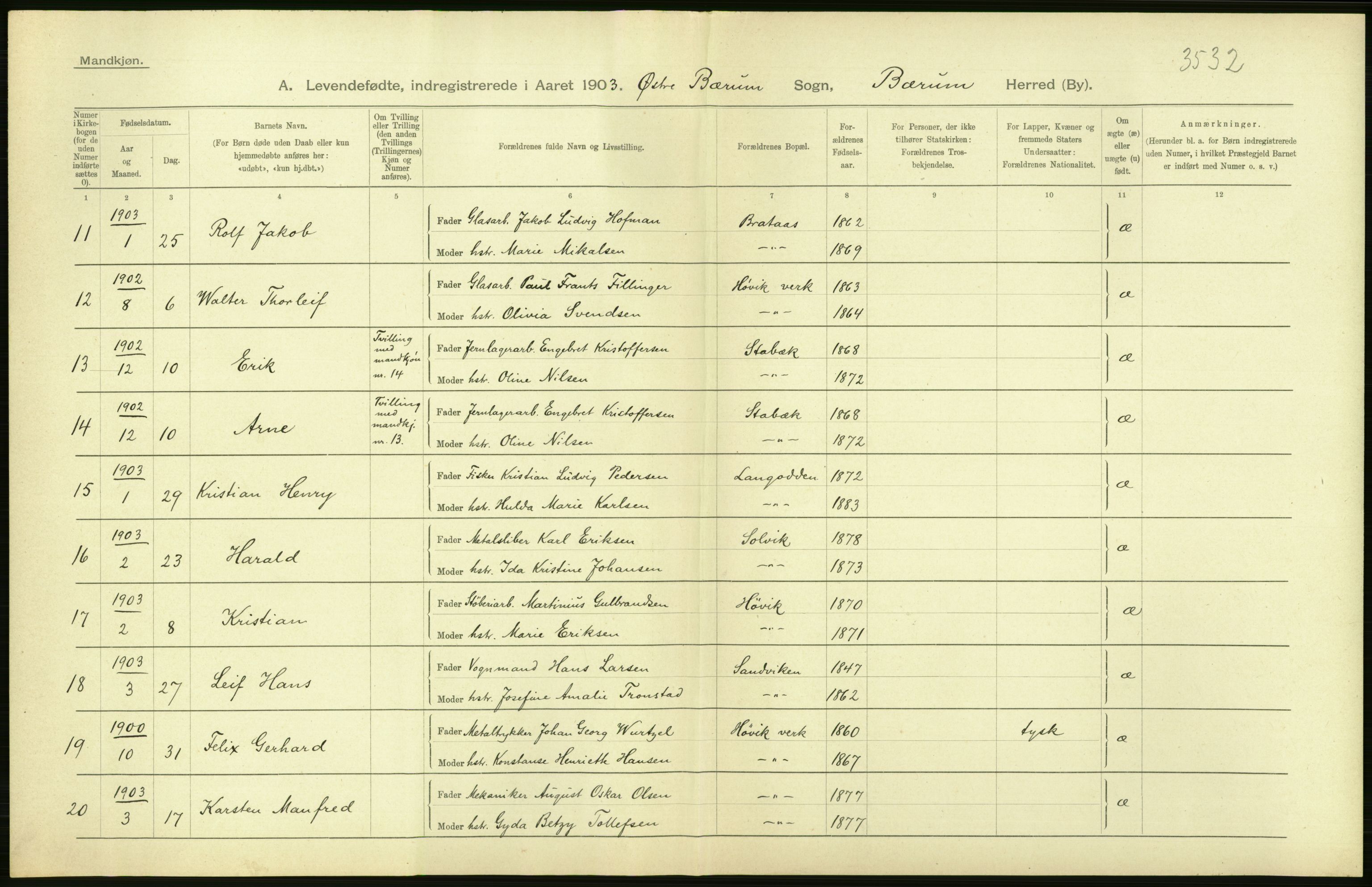 Statistisk sentralbyrå, Sosiodemografiske emner, Befolkning, AV/RA-S-2228/D/Df/Dfa/Dfaa/L0002: Akershus amt: Fødte, gifte, døde, 1903, p. 18