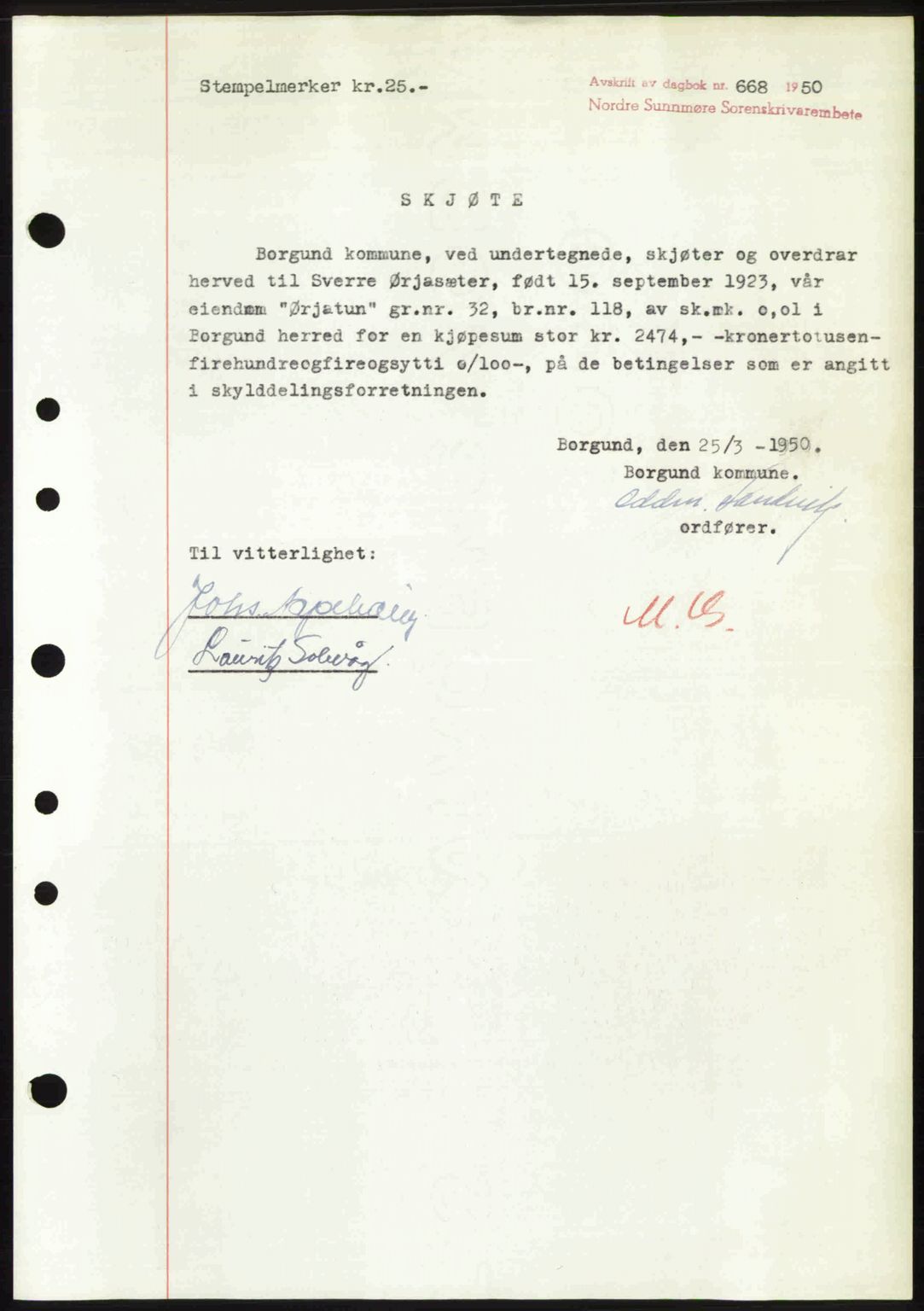 Nordre Sunnmøre sorenskriveri, AV/SAT-A-0006/1/2/2C/2Ca: Mortgage book no. A34, 1950-1950, Diary no: : 668/1950