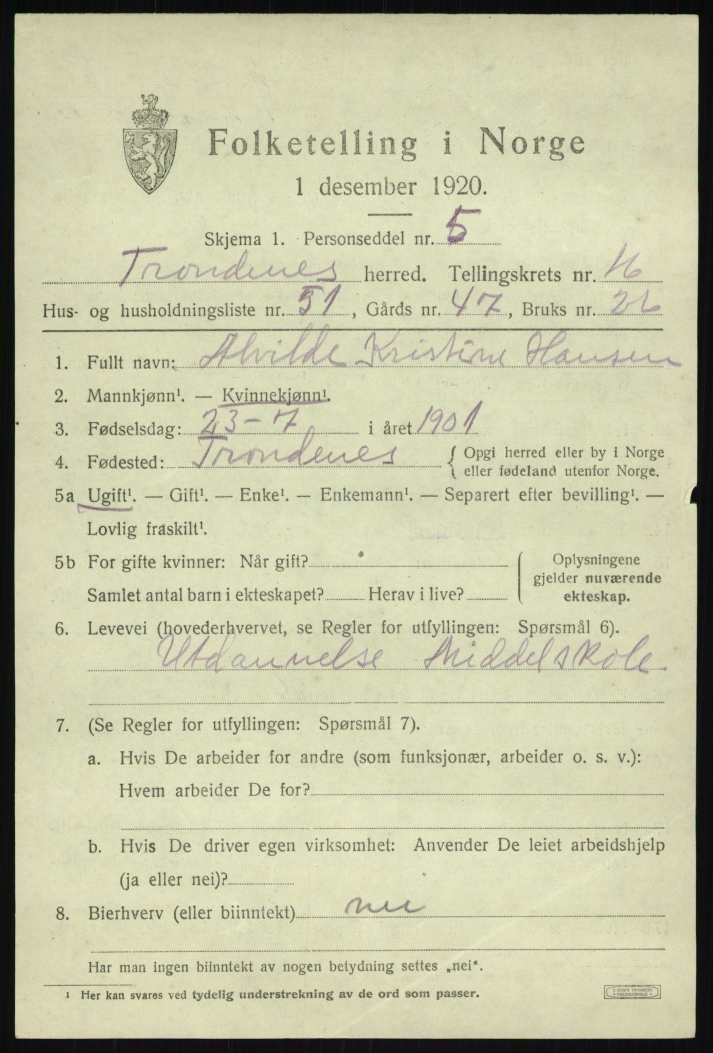 SATØ, 1920 census for Trondenes, 1920, p. 11823