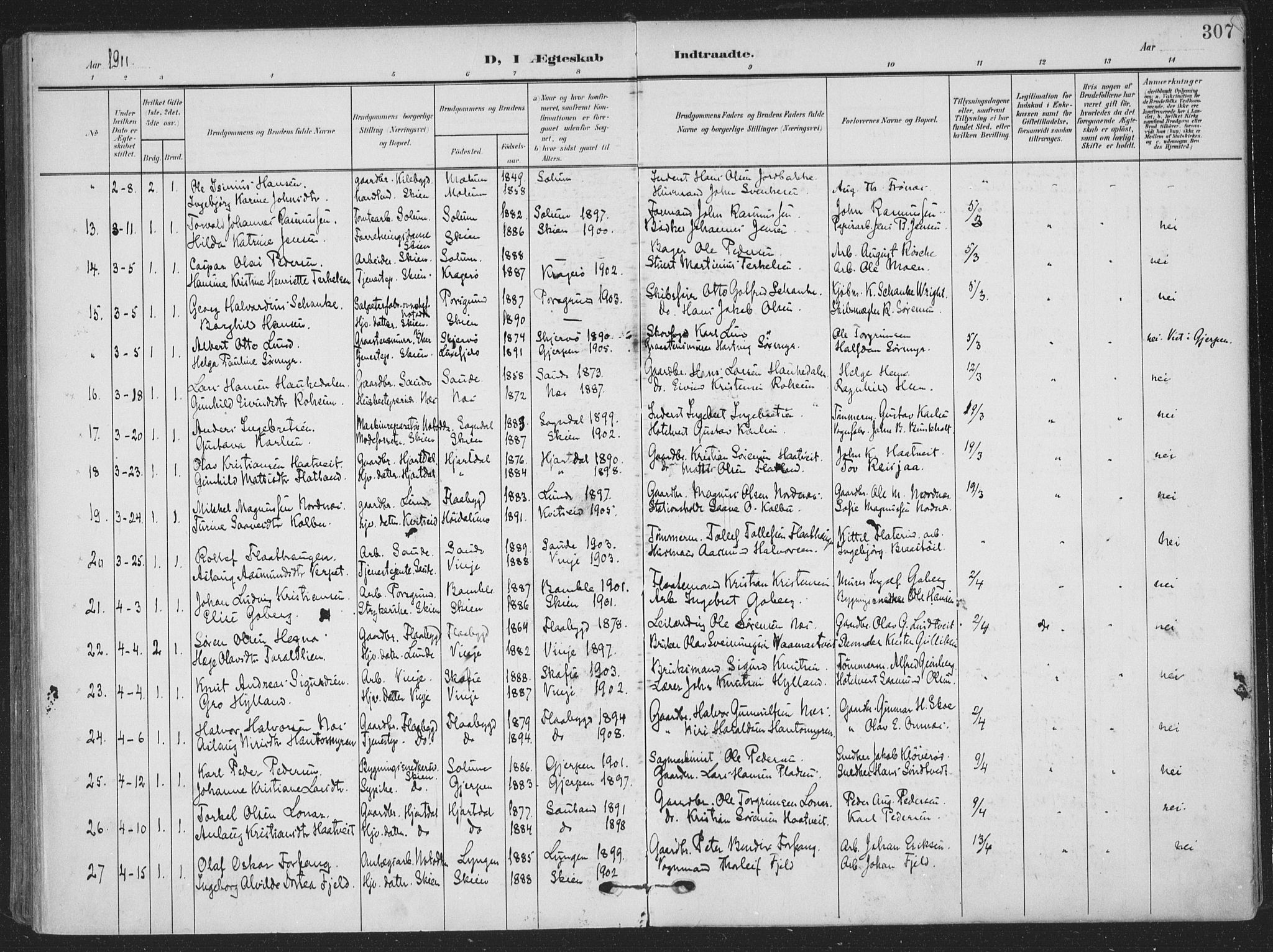 Skien kirkebøker, AV/SAKO-A-302/F/Fa/L0012: Parish register (official) no. 12, 1908-1914, p. 307