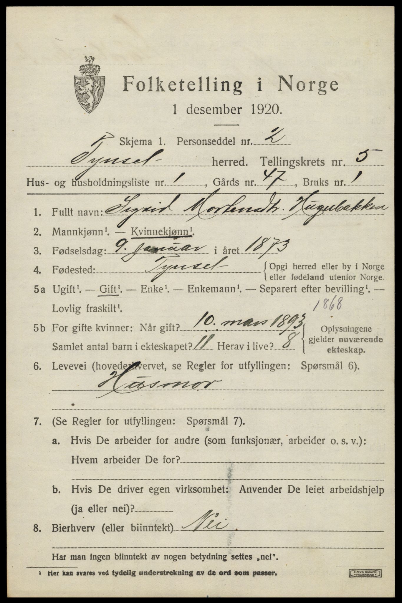 SAH, 1920 census for Tynset, 1920, p. 4084