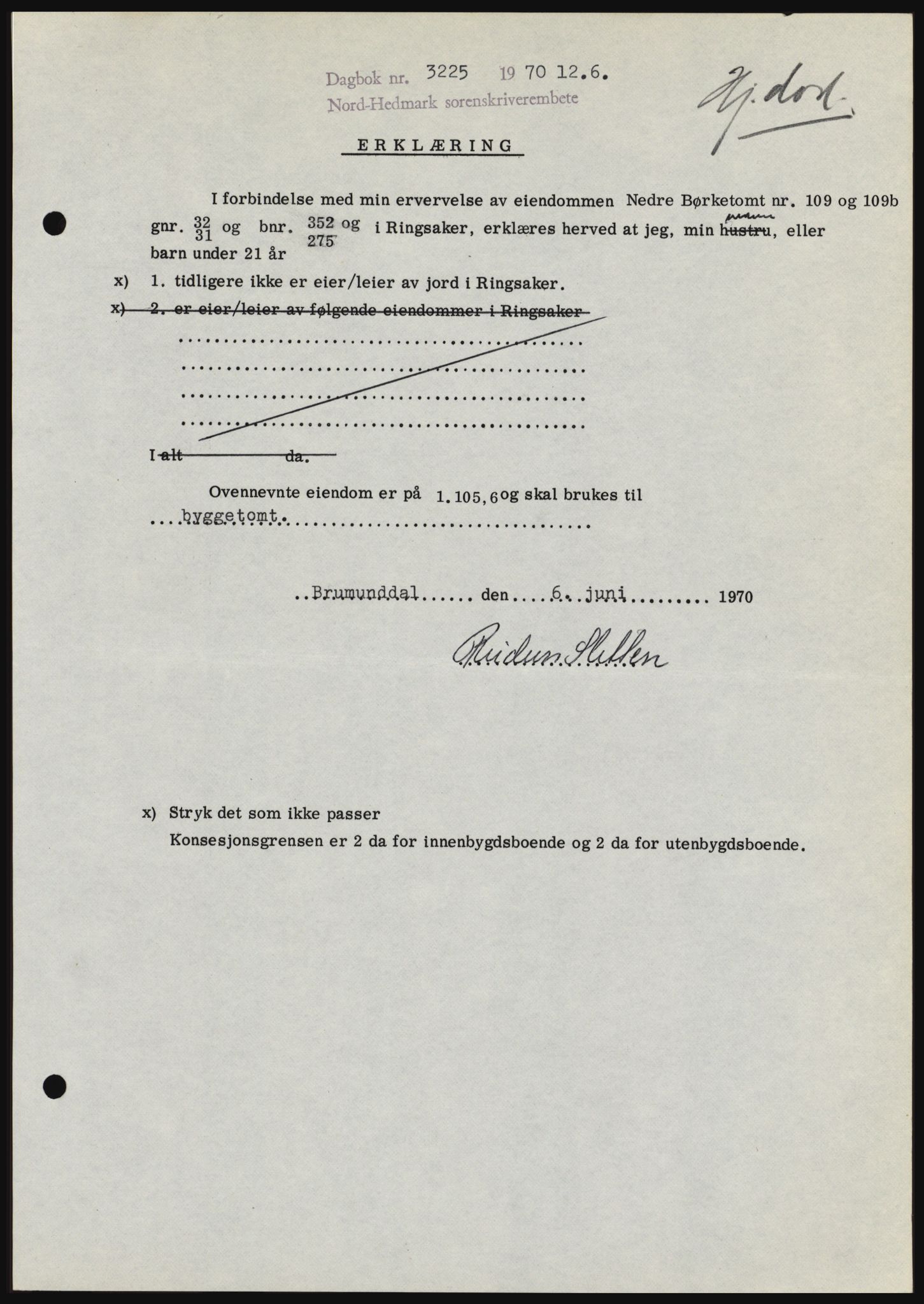 Nord-Hedmark sorenskriveri, SAH/TING-012/H/Hc/L0033: Mortgage book no. 33, 1970-1970, Diary no: : 3225/1970