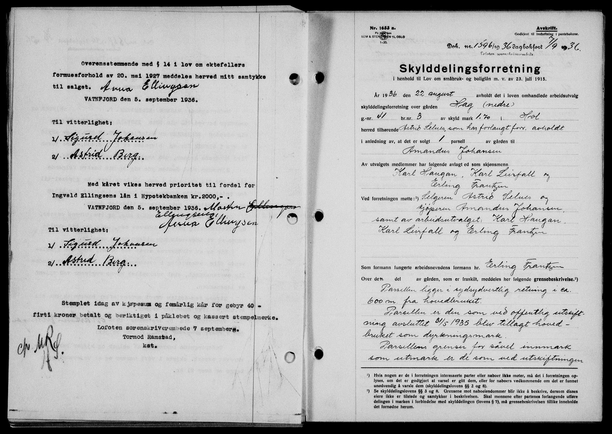 Lofoten sorenskriveri, SAT/A-0017/1/2/2C/L0001a: Mortgage book no. 1a, 1936-1937, Diary no: : 1596/1936