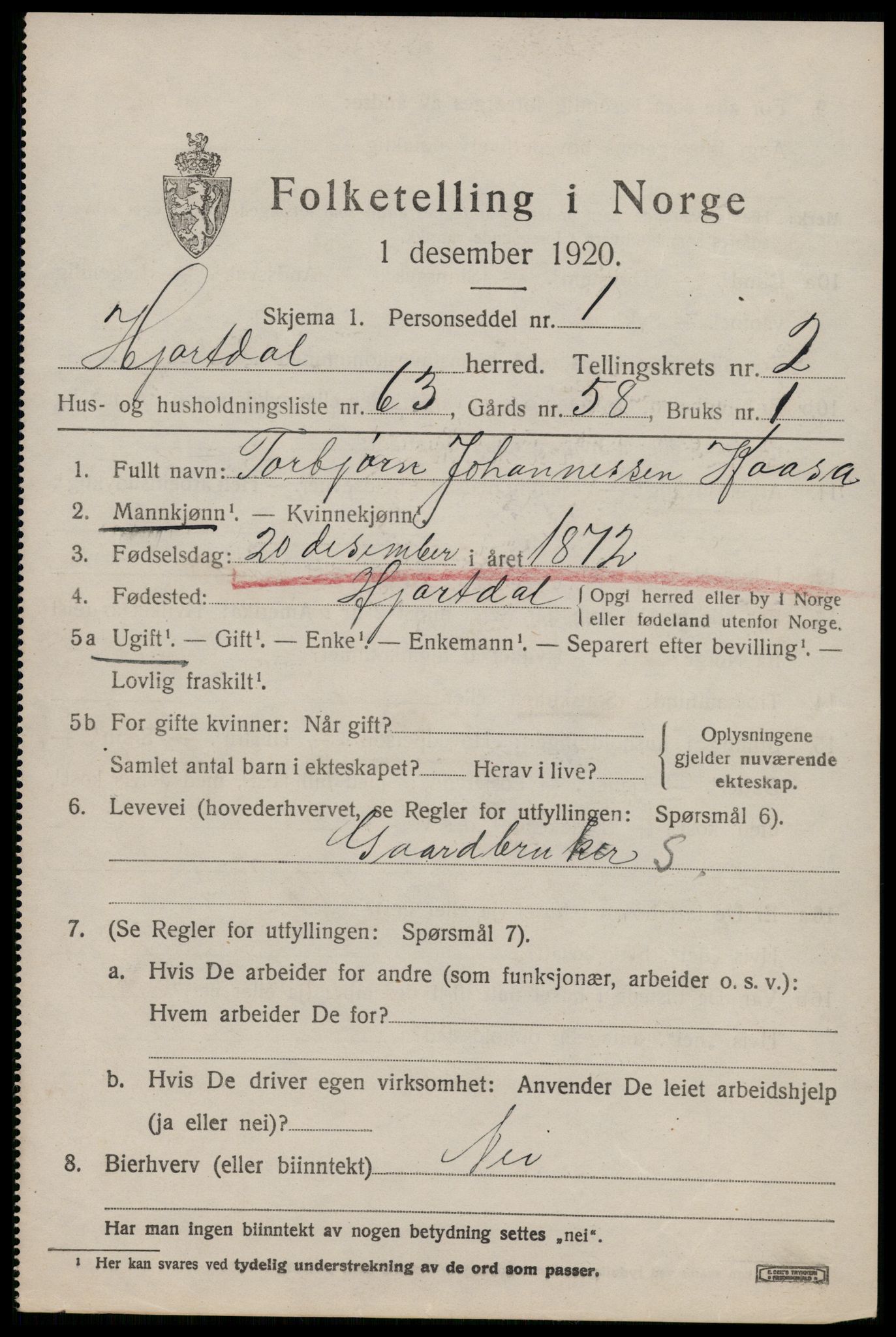 SAKO, 1920 census for Hjartdal, 1920, p. 2504