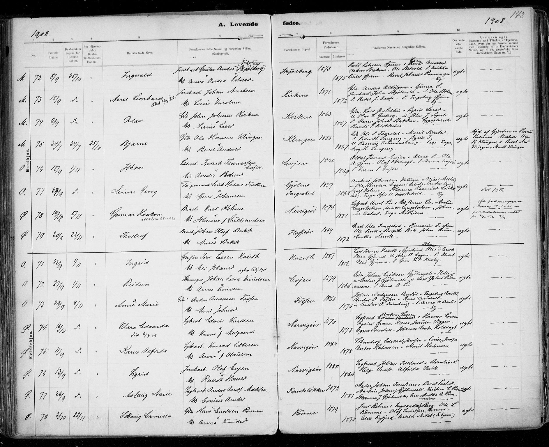 Ministerialprotokoller, klokkerbøker og fødselsregistre - Sør-Trøndelag, SAT/A-1456/668/L0811: Parish register (official) no. 668A11, 1894-1913, p. 143