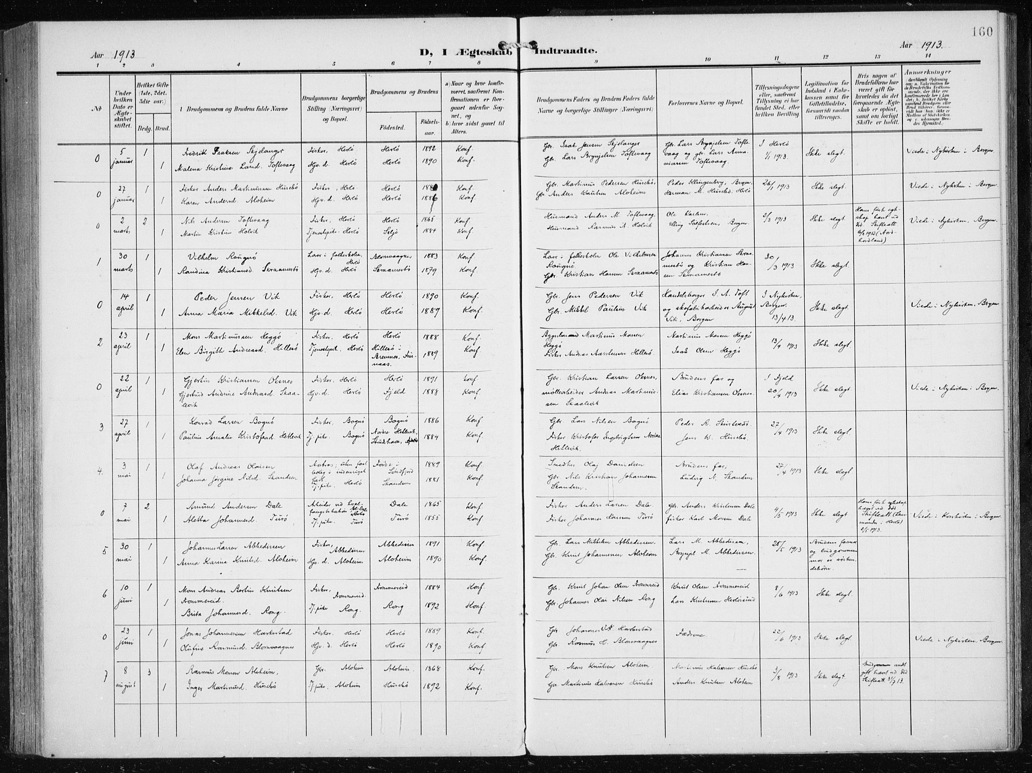 Herdla Sokneprestembete, SAB/A-75701/H/Haa: Parish register (official) no. A 5, 1905-1918, p. 160
