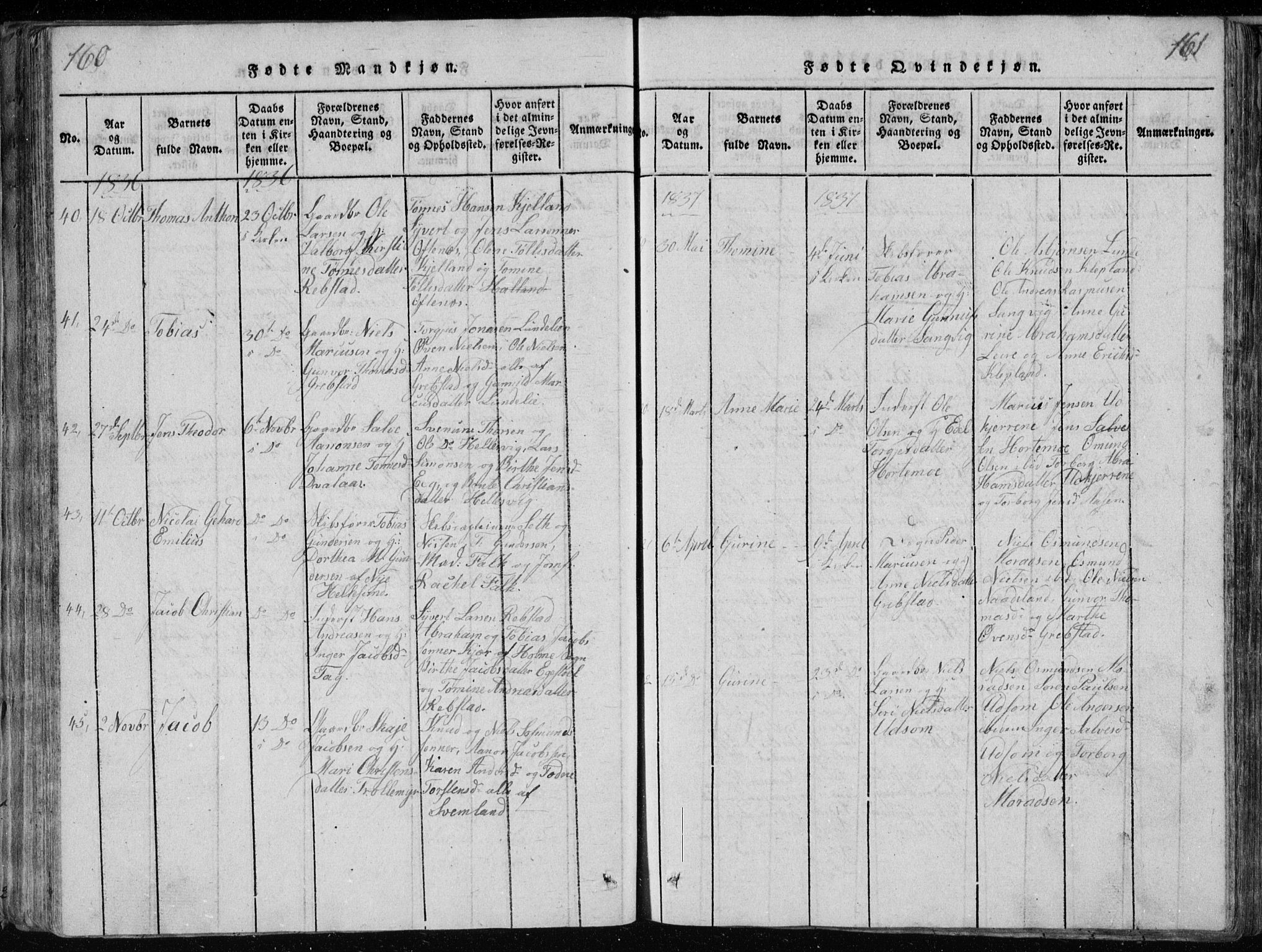 Søgne sokneprestkontor, SAK/1111-0037/F/Fb/Fbb/L0002: Parish register (copy) no. B 2, 1821-1838, p. 160-161