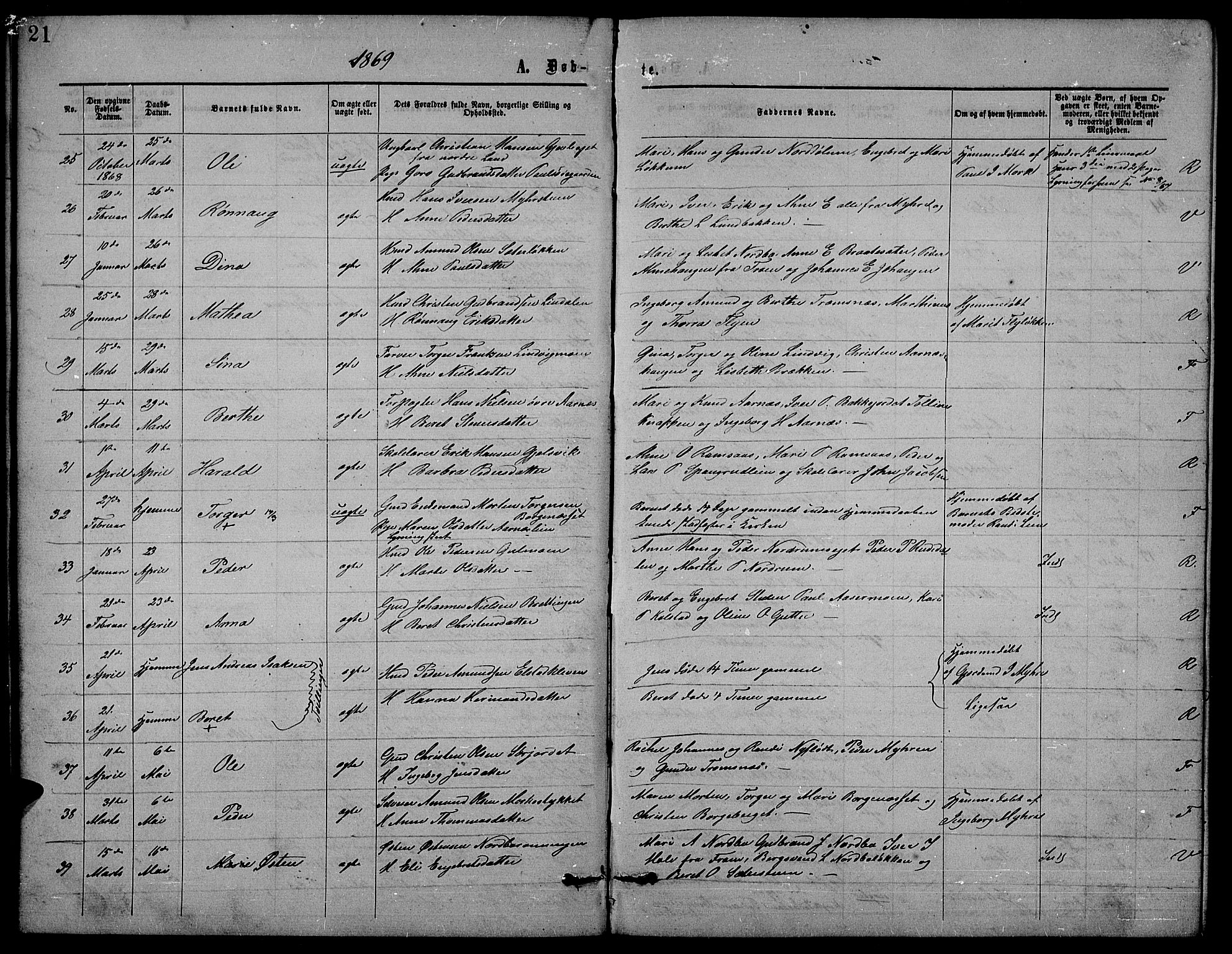 Ringebu prestekontor, AV/SAH-PREST-082/H/Ha/Hab/L0004: Parish register (copy) no. 4, 1867-1879, p. 21