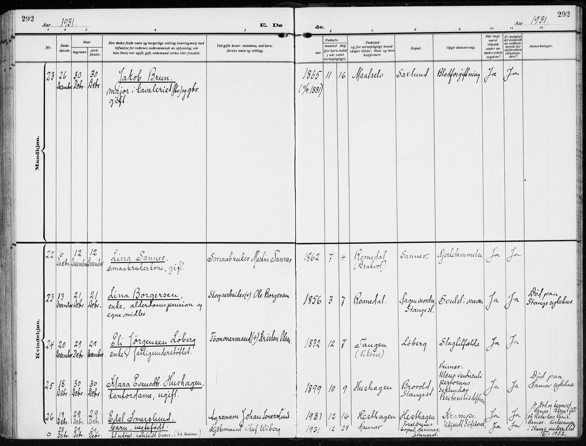 Stange prestekontor, AV/SAH-PREST-002/K/L0026: Parish register (official) no. 26, 1923-1937, p. 292