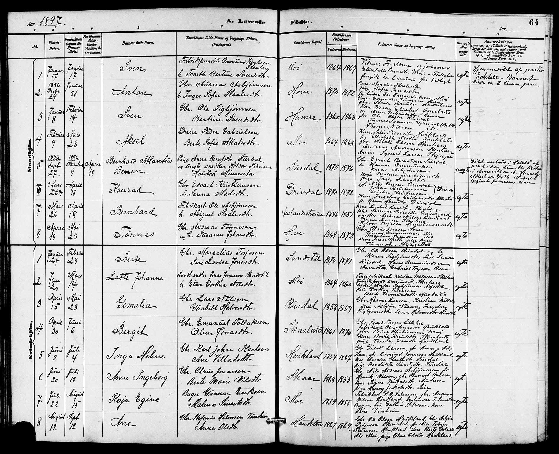 Lund sokneprestkontor, AV/SAST-A-101809/S07/L0006: Parish register (copy) no. B 6, 1885-1901, p. 64