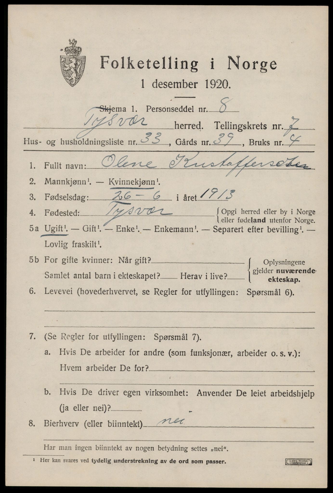 SAST, 1920 census for Tysvær, 1920, p. 2754