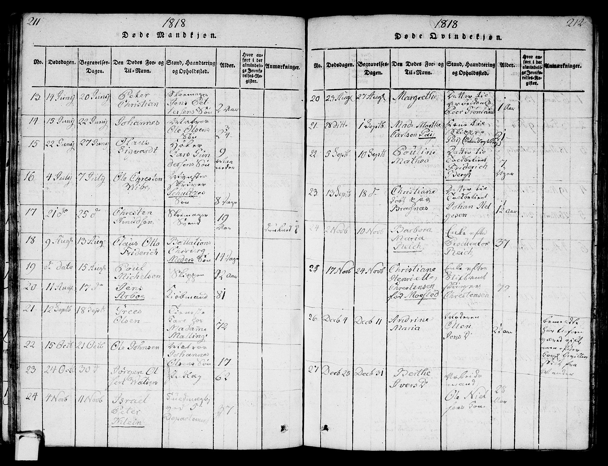 Strømsø kirkebøker, AV/SAKO-A-246/F/Fa/L0011: Parish register (official) no. I 11, 1815-1829, p. 211-212