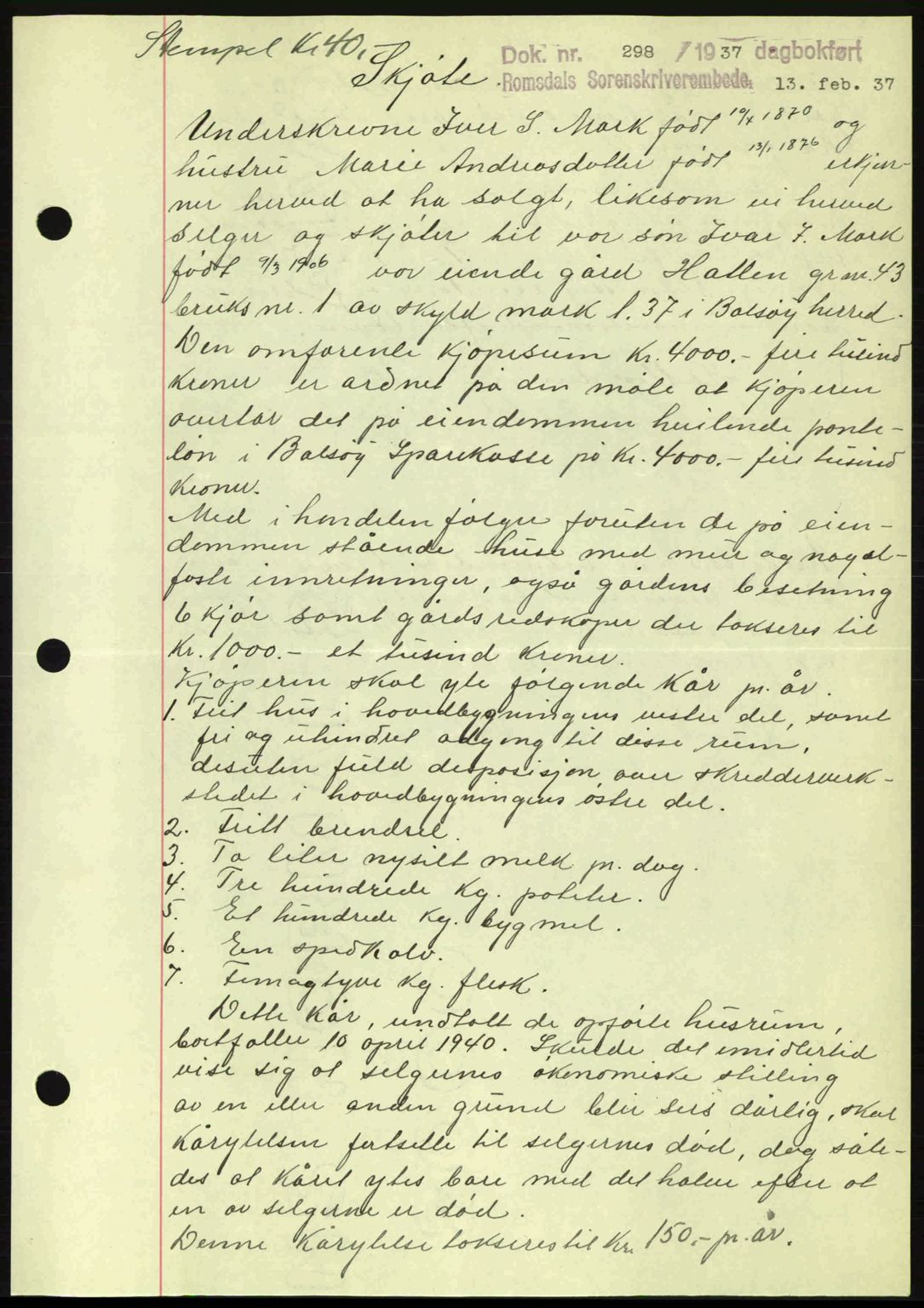 Romsdal sorenskriveri, AV/SAT-A-4149/1/2/2C: Mortgage book no. A2, 1936-1937, Diary no: : 298/1937