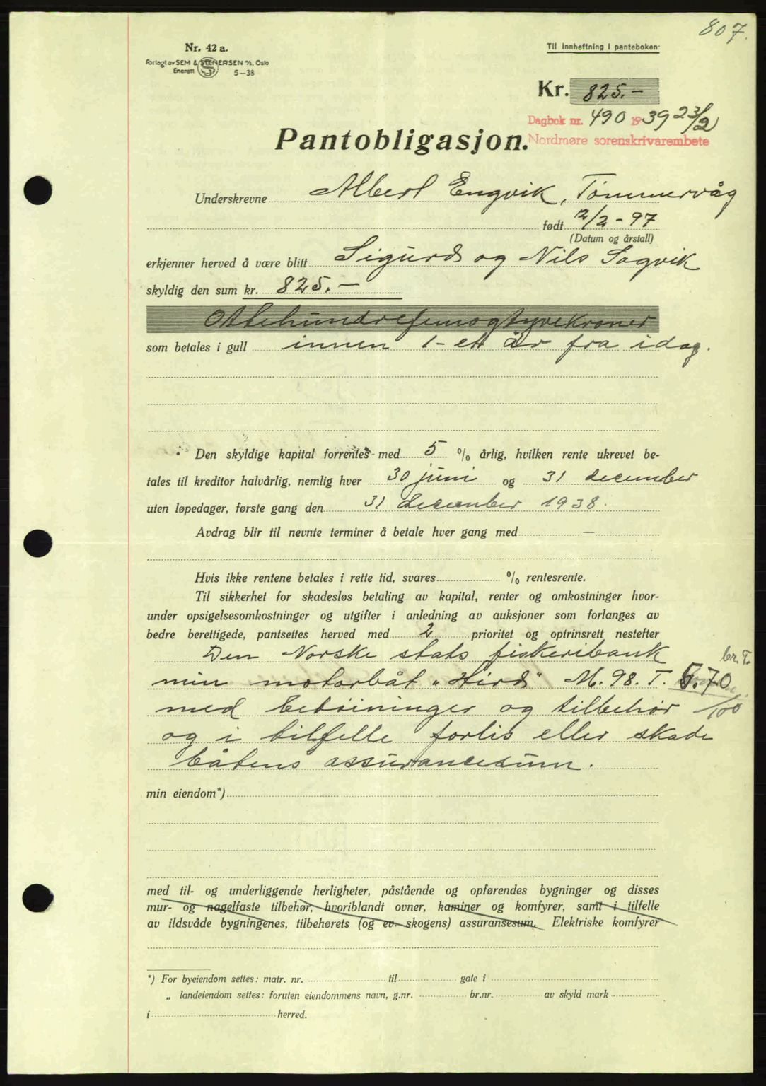 Nordmøre sorenskriveri, SAT/A-4132/1/2/2Ca: Mortgage book no. B84, 1938-1939, Diary no: : 490/1939