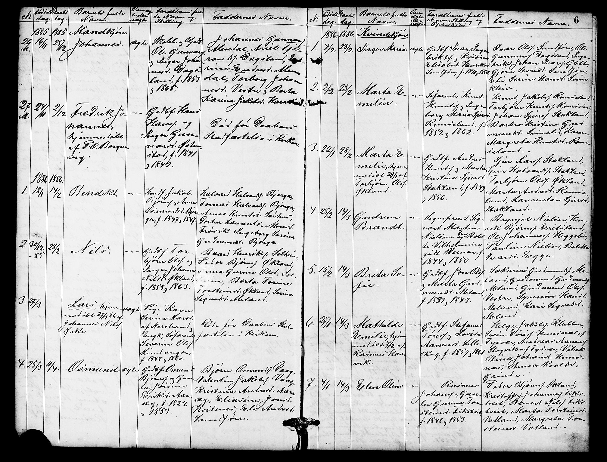 Skjold sokneprestkontor, SAST/A-101847/H/Ha/Hab/L0007: Parish register (copy) no. B 7, 1885-1906, p. 6