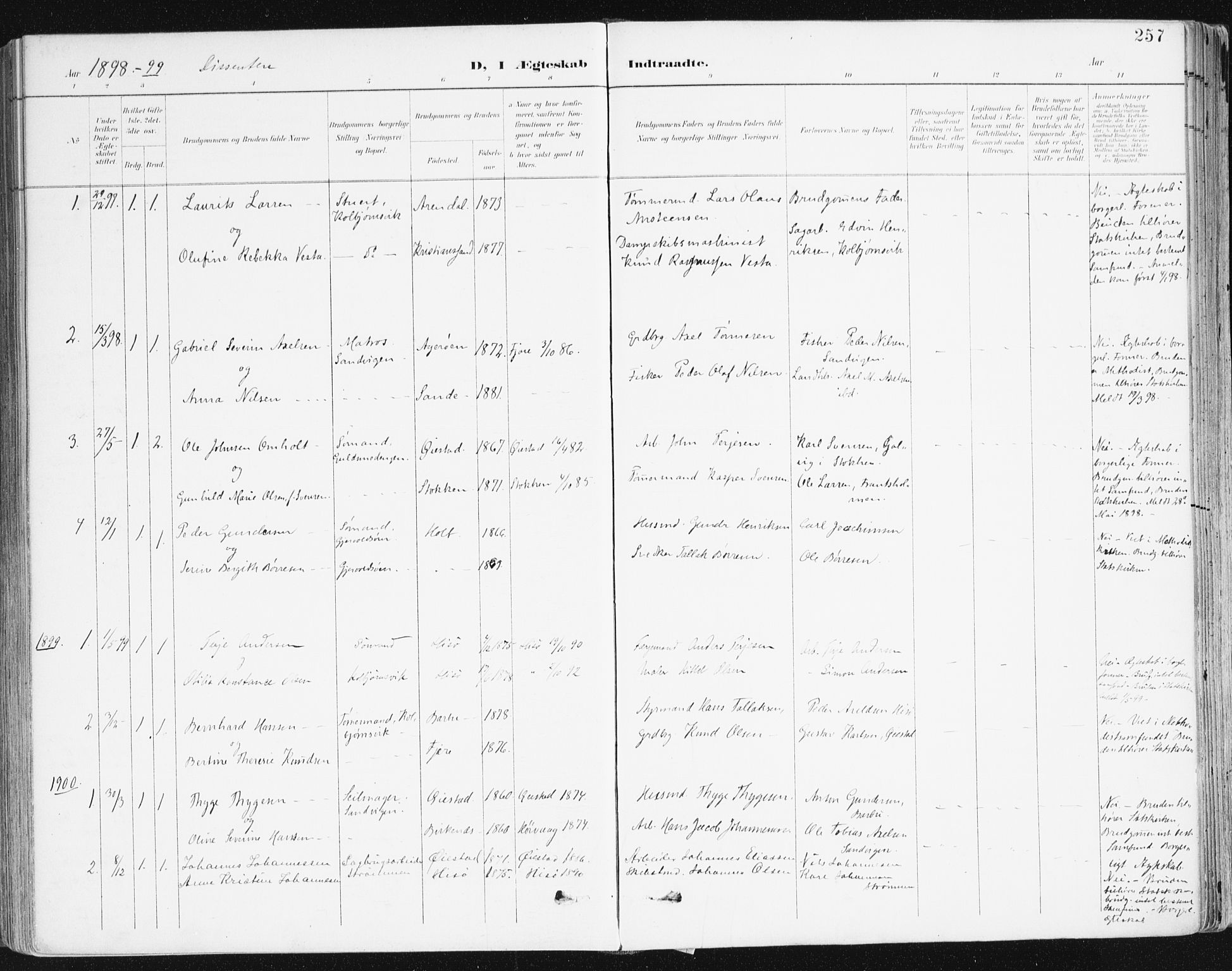 Hisøy sokneprestkontor, AV/SAK-1111-0020/F/Fa/L0004: Parish register (official) no. A 4, 1895-1917, p. 257