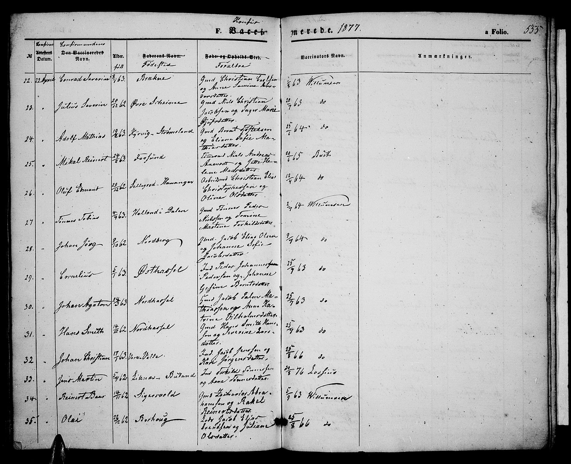 Lista sokneprestkontor, SAK/1111-0027/F/Fb/L0003: Parish register (copy) no. B 3, 1862-1877, p. 555