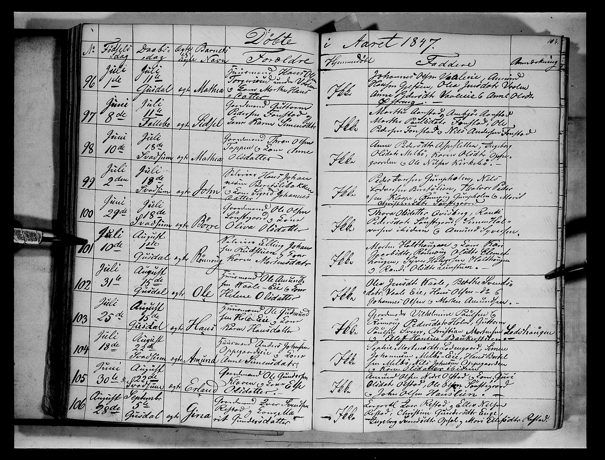 Gausdal prestekontor, SAH/PREST-090/H/Ha/Haa/L0007: Parish register (official) no. 7, 1840-1850, p. 104