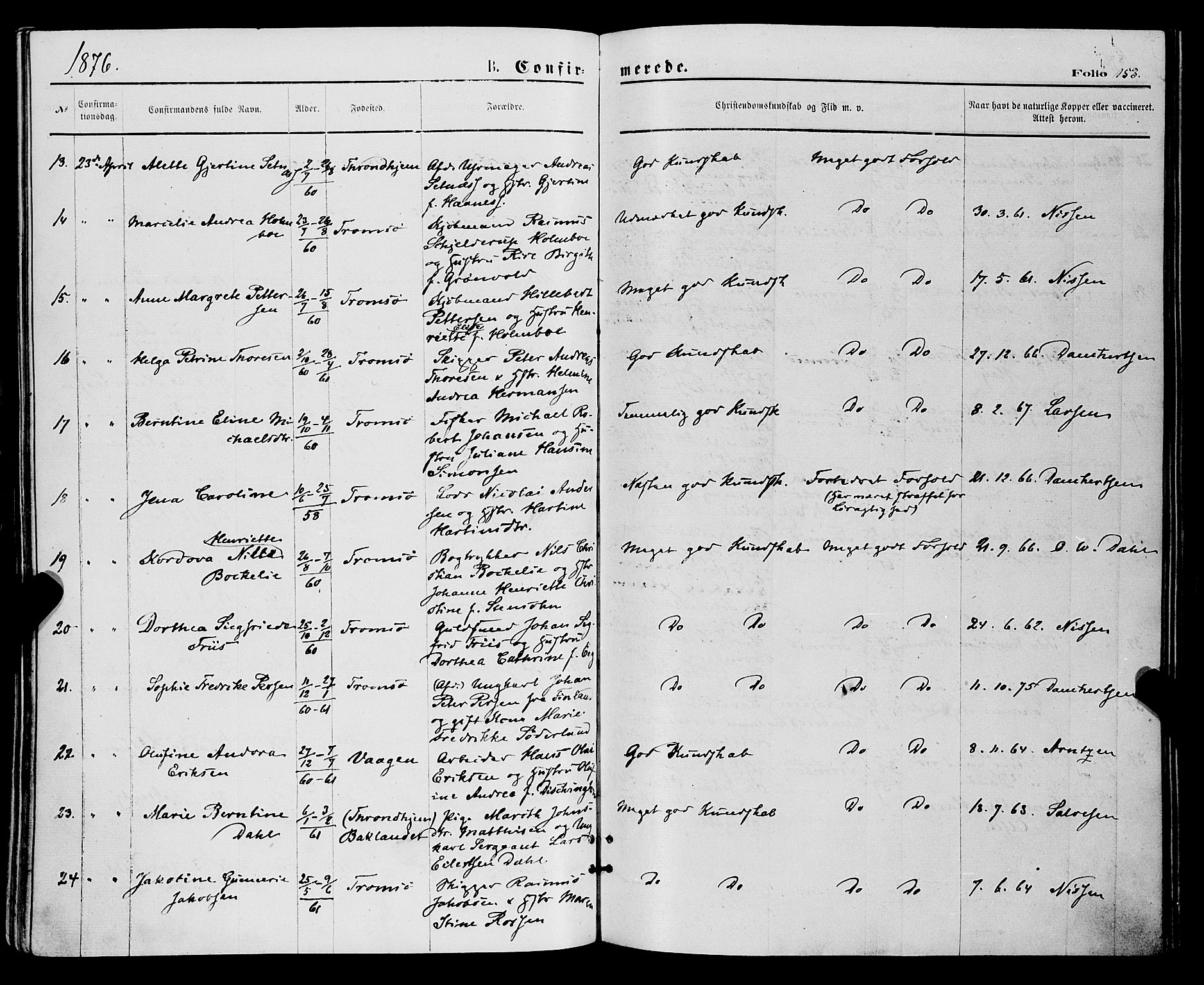 Tromsø sokneprestkontor/stiftsprosti/domprosti, AV/SATØ-S-1343/G/Ga/L0013kirke: Parish register (official) no. 13, 1872-1877, p. 153