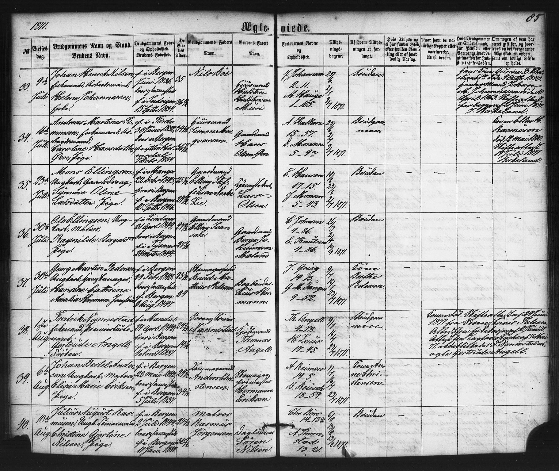 Nykirken Sokneprestembete, SAB/A-77101/H/Haa/L0032: Parish register (official) no. D 2, 1861-1883, p. 85