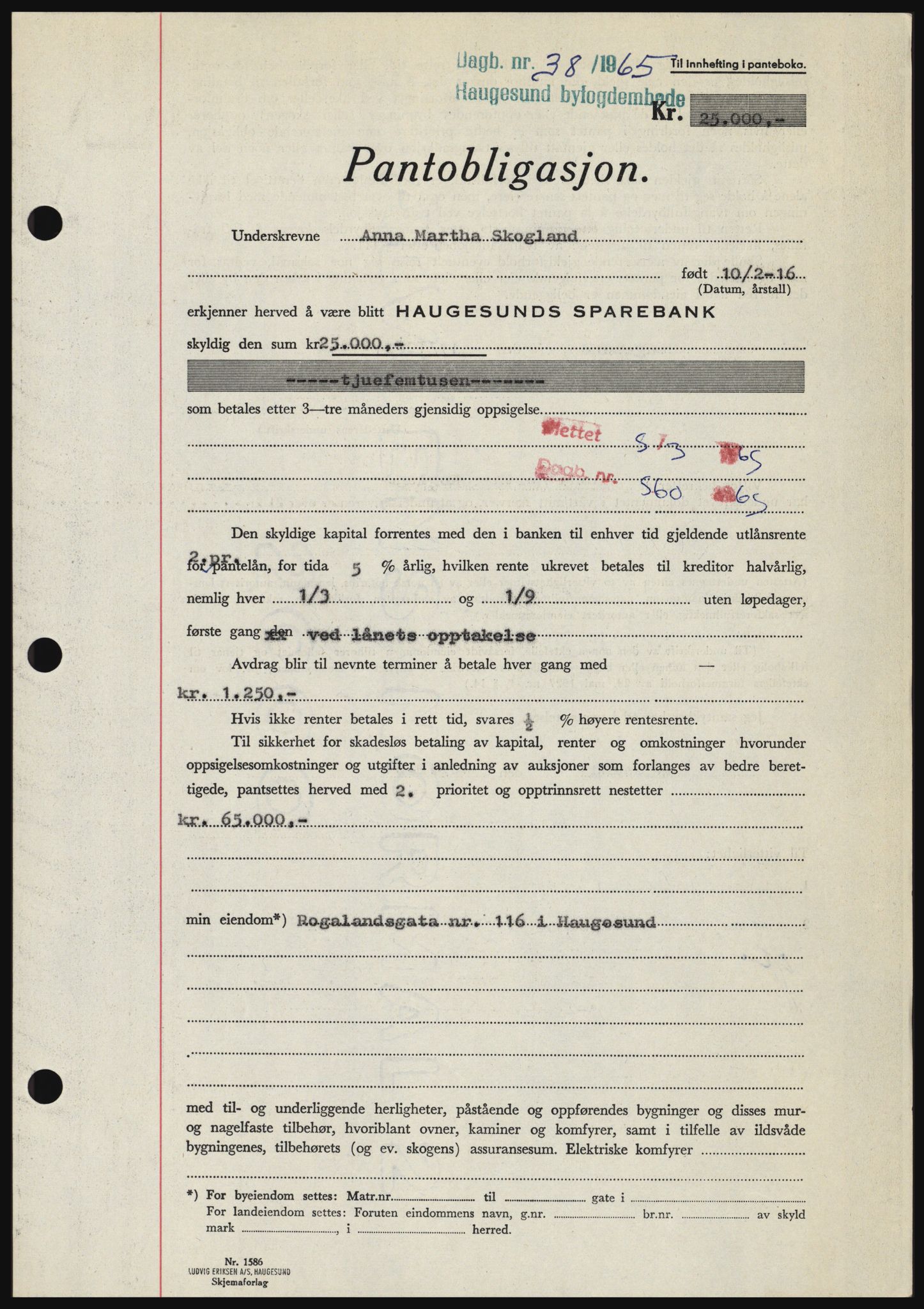 Haugesund tingrett, SAST/A-101415/01/II/IIC/L0053: Mortgage book no. B 53, 1965-1965, Diary no: : 38/1965