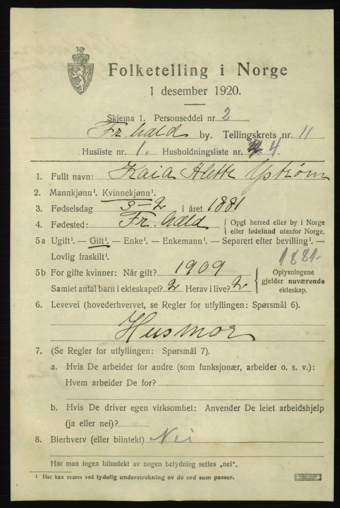 SAO, 1920 census for Fredrikshald, 1920, p. 18743