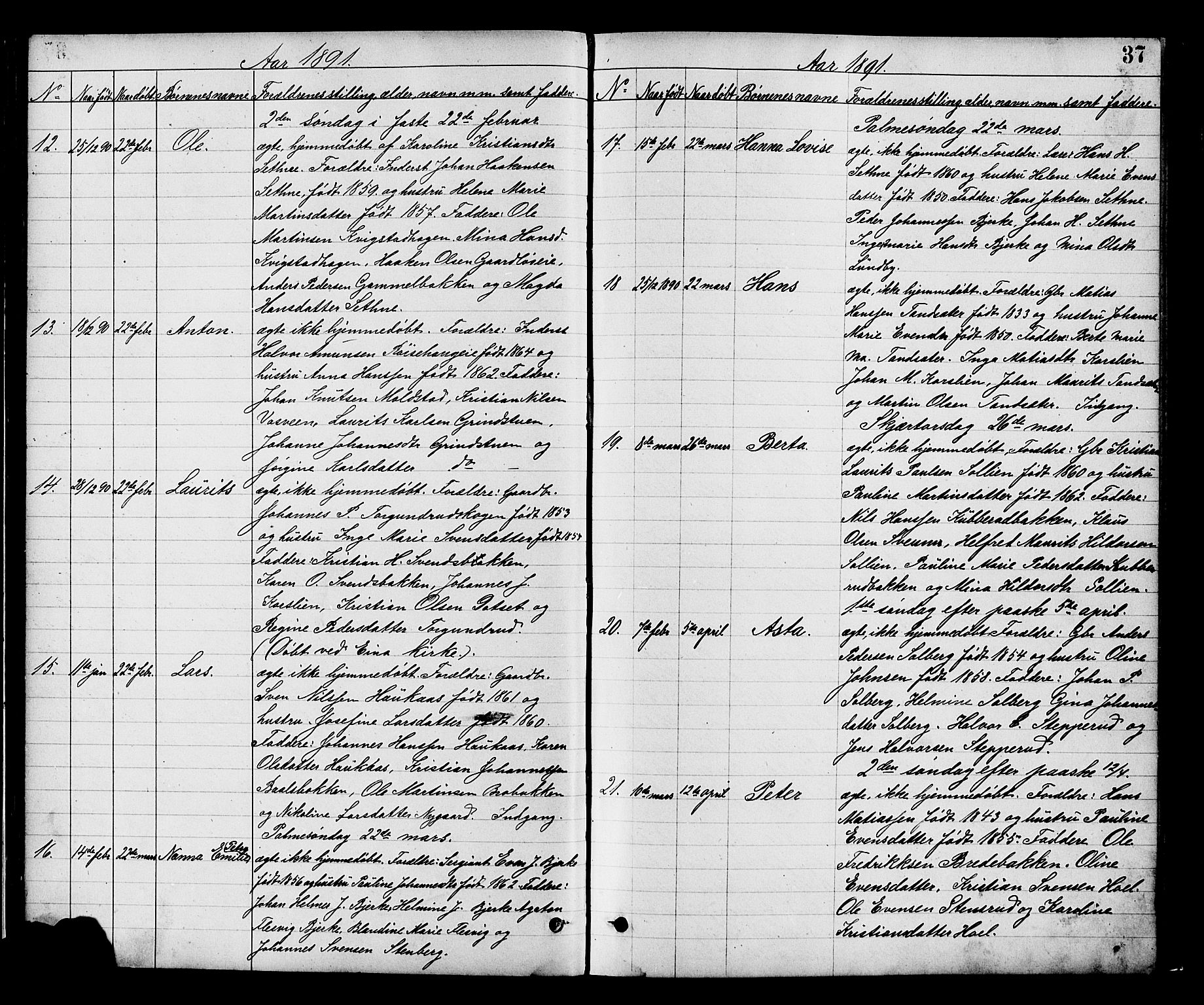 Vestre Toten prestekontor, SAH/PREST-108/H/Ha/Hab/L0008: Parish register (copy) no. 8, 1885-1900, p. 37