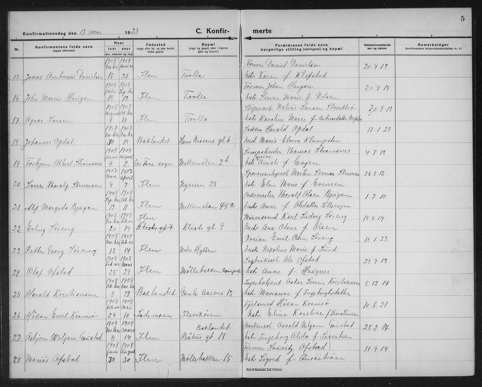 Ministerialprotokoller, klokkerbøker og fødselsregistre - Sør-Trøndelag, SAT/A-1456/603/L0175: Parish register (copy) no. 603C03, 1923-1941, p. 5