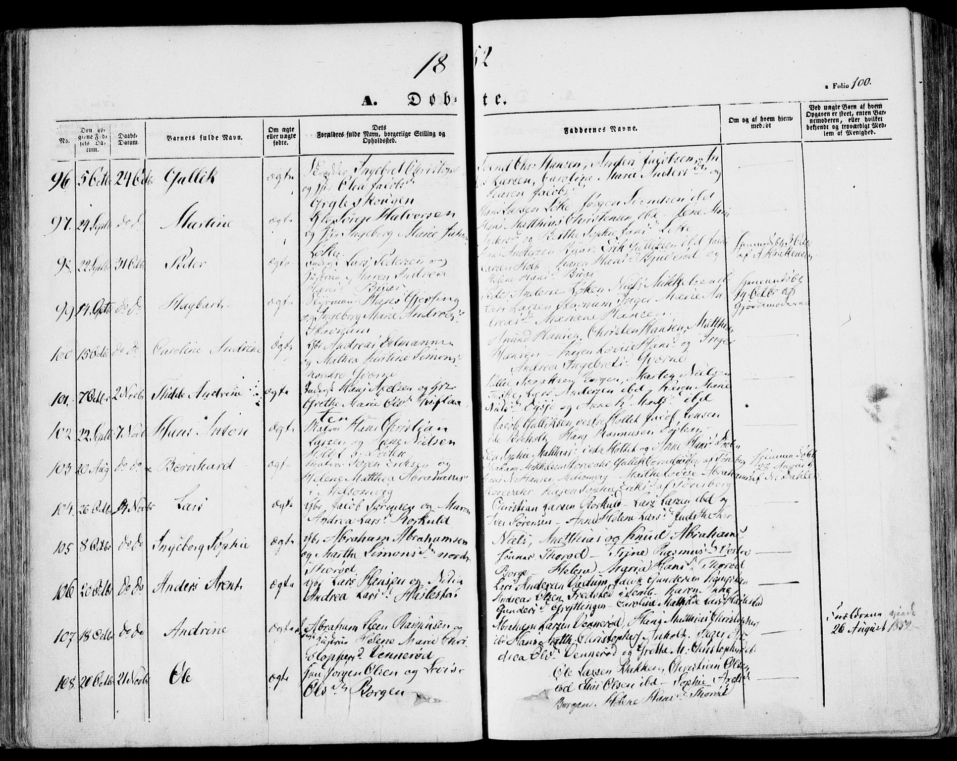 Stokke kirkebøker, AV/SAKO-A-320/F/Fa/L0007: Parish register (official) no. I 7, 1844-1857, p. 100