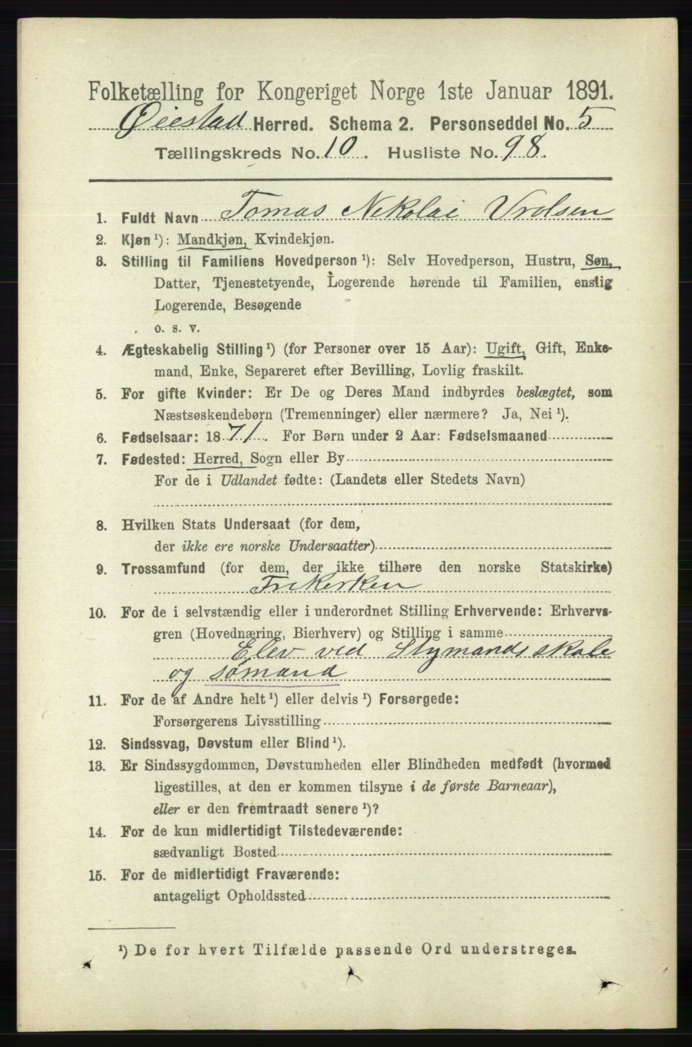 RA, 1891 census for 0920 Øyestad, 1891, p. 4723