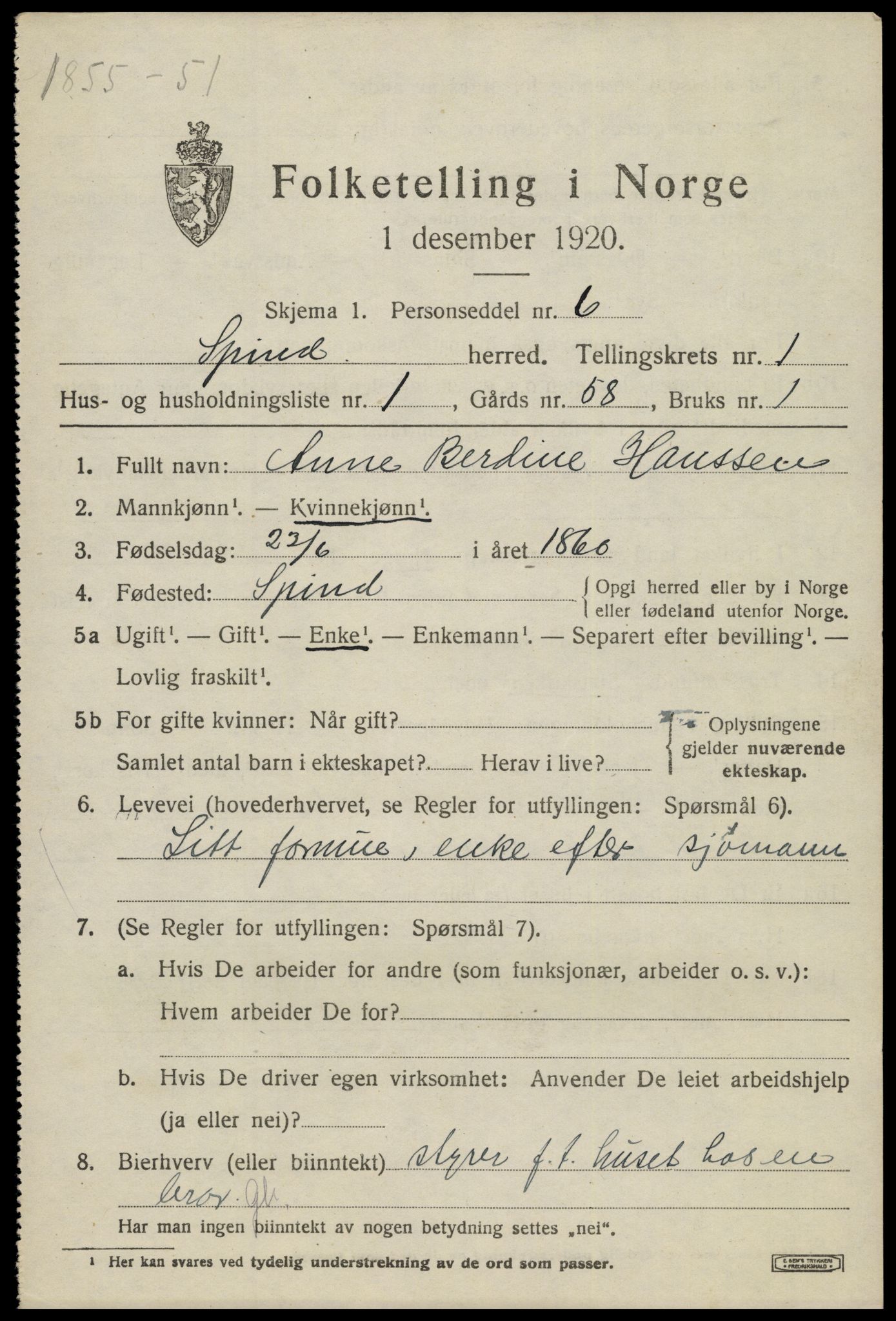 SAK, 1920 census for Spind, 1920, p. 577