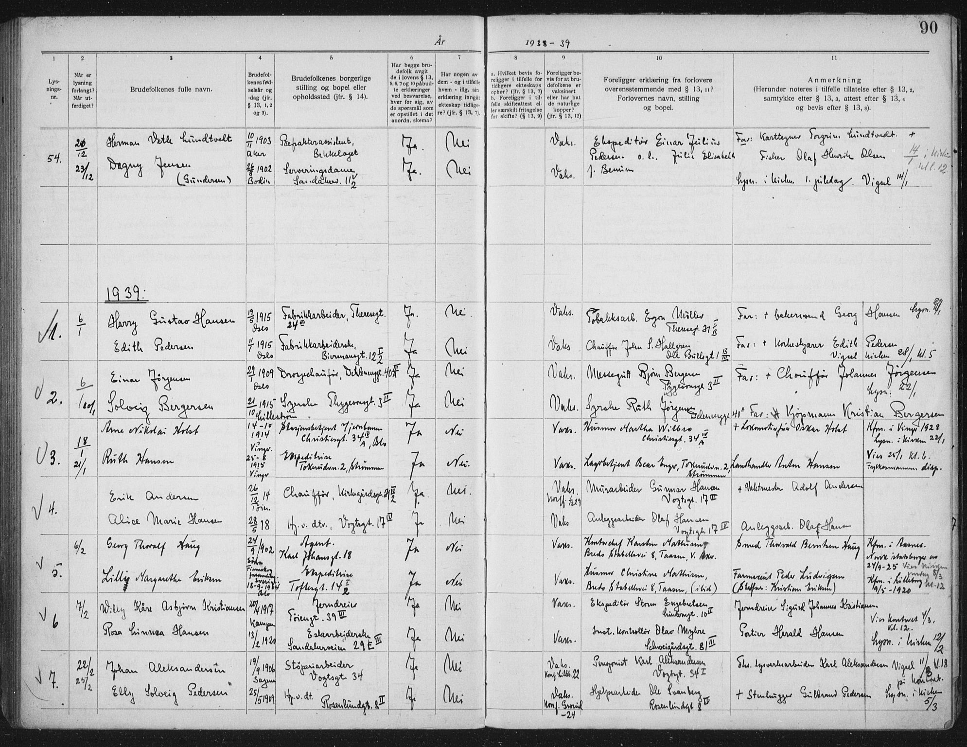 Lilleborg prestekontor Kirkebøker, AV/SAO-A-10343a/H/L0002: Banns register no. 2, 1919-1940, p. 90