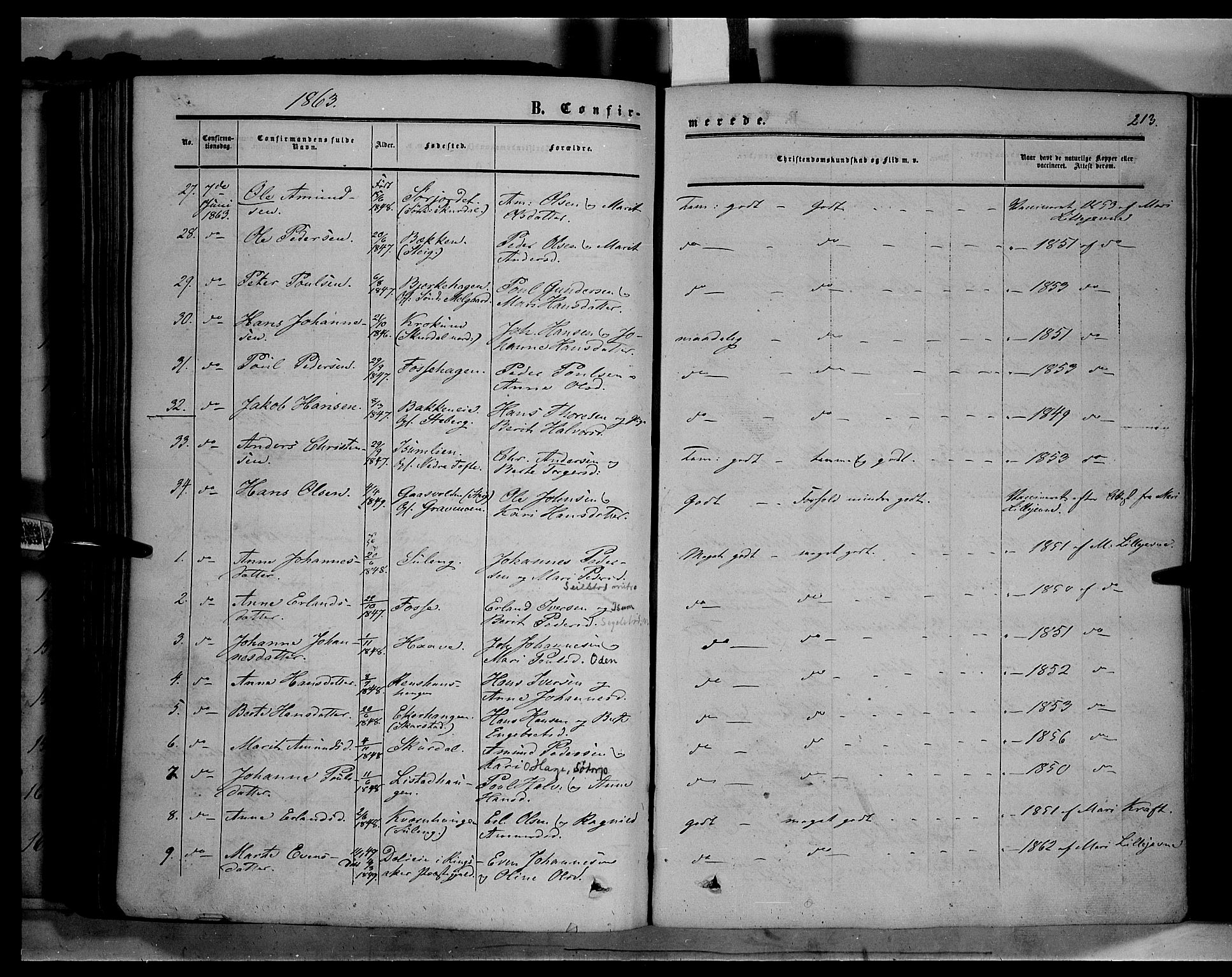 Sør-Fron prestekontor, AV/SAH-PREST-010/H/Ha/Haa/L0001: Parish register (official) no. 1, 1849-1863, p. 213