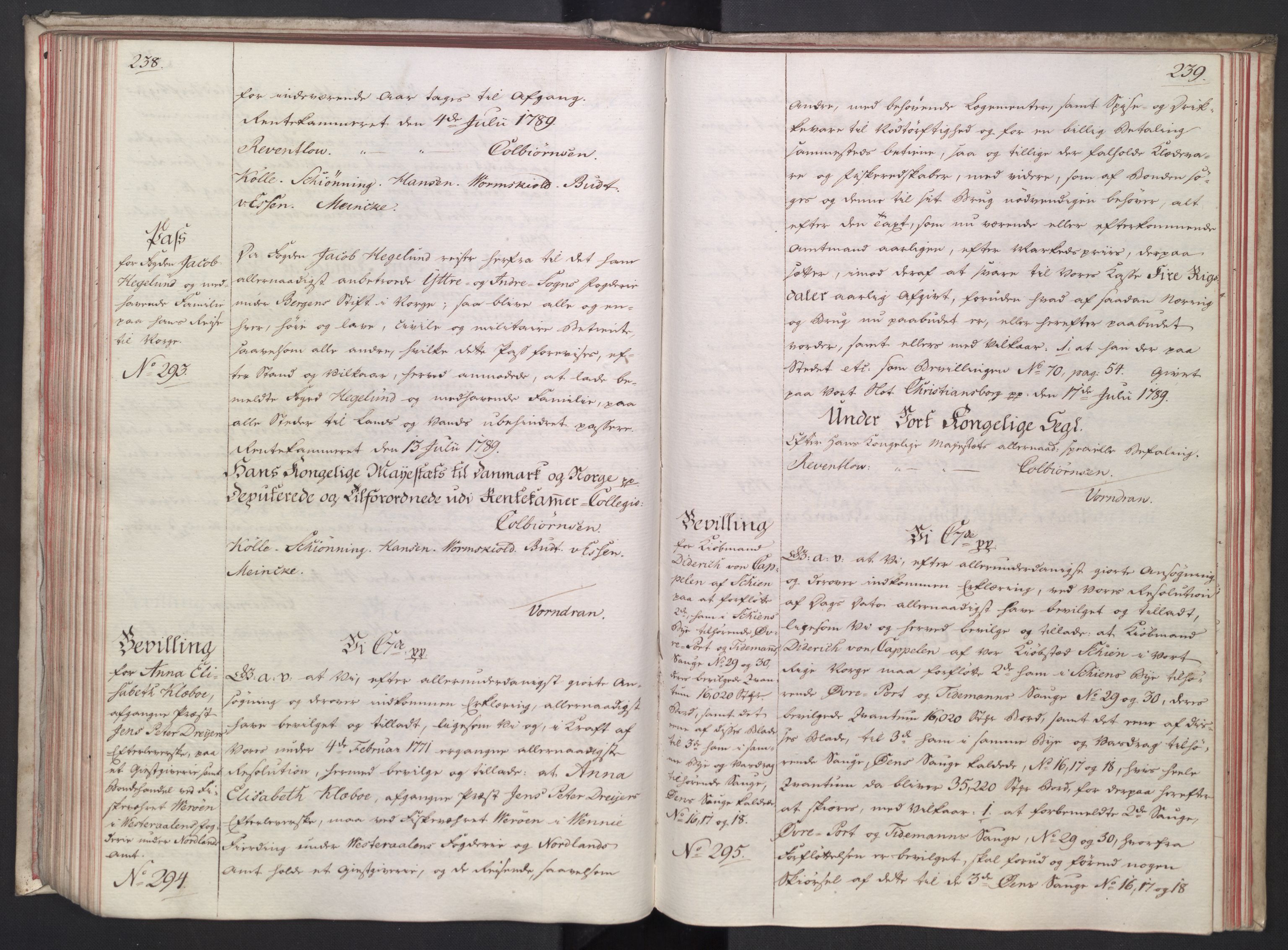 Rentekammeret, Kammerkanselliet, RA/EA-3111/G/Gg/Gga/L0014: Norsk ekspedisjonsprotokoll med register (merket RK 53.14), 1787-1790, p. 238-239