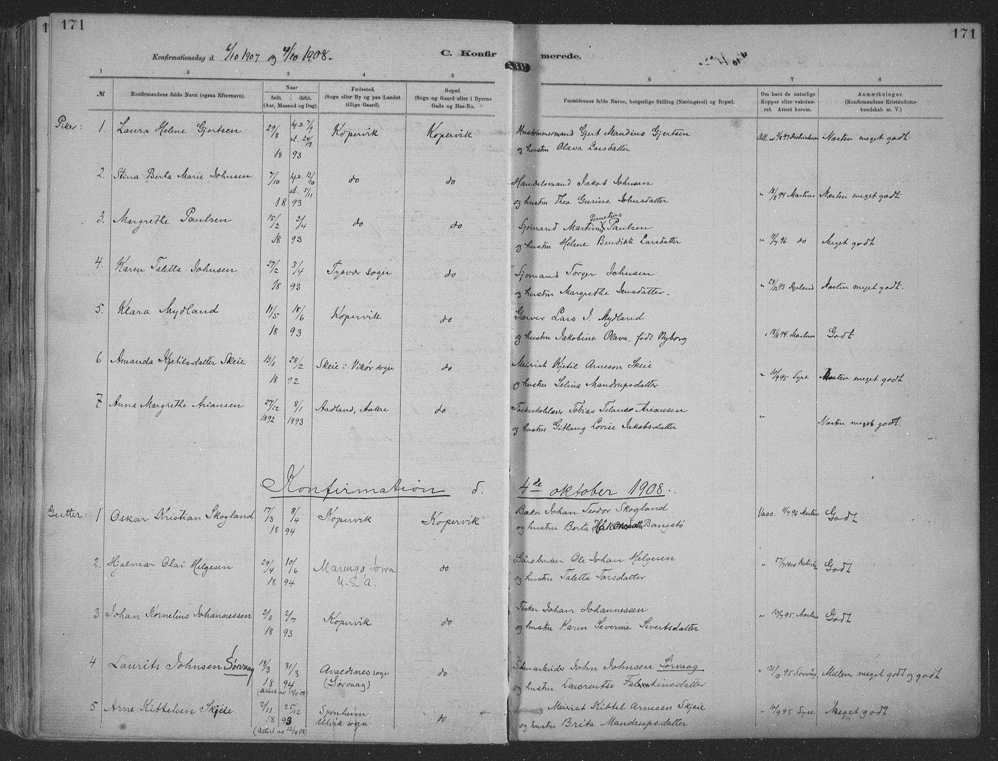 Kopervik sokneprestkontor, SAST/A-101850/H/Ha/Haa/L0001: Parish register (official) no. A 1, 1880-1919, p. 171