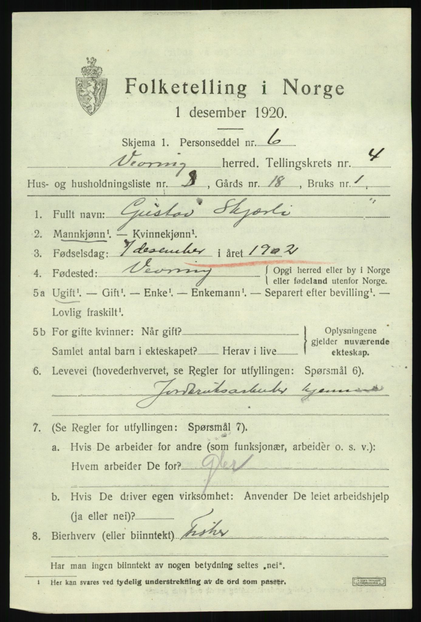 SAB, 1920 census for Vevring, 1920, p. 1412