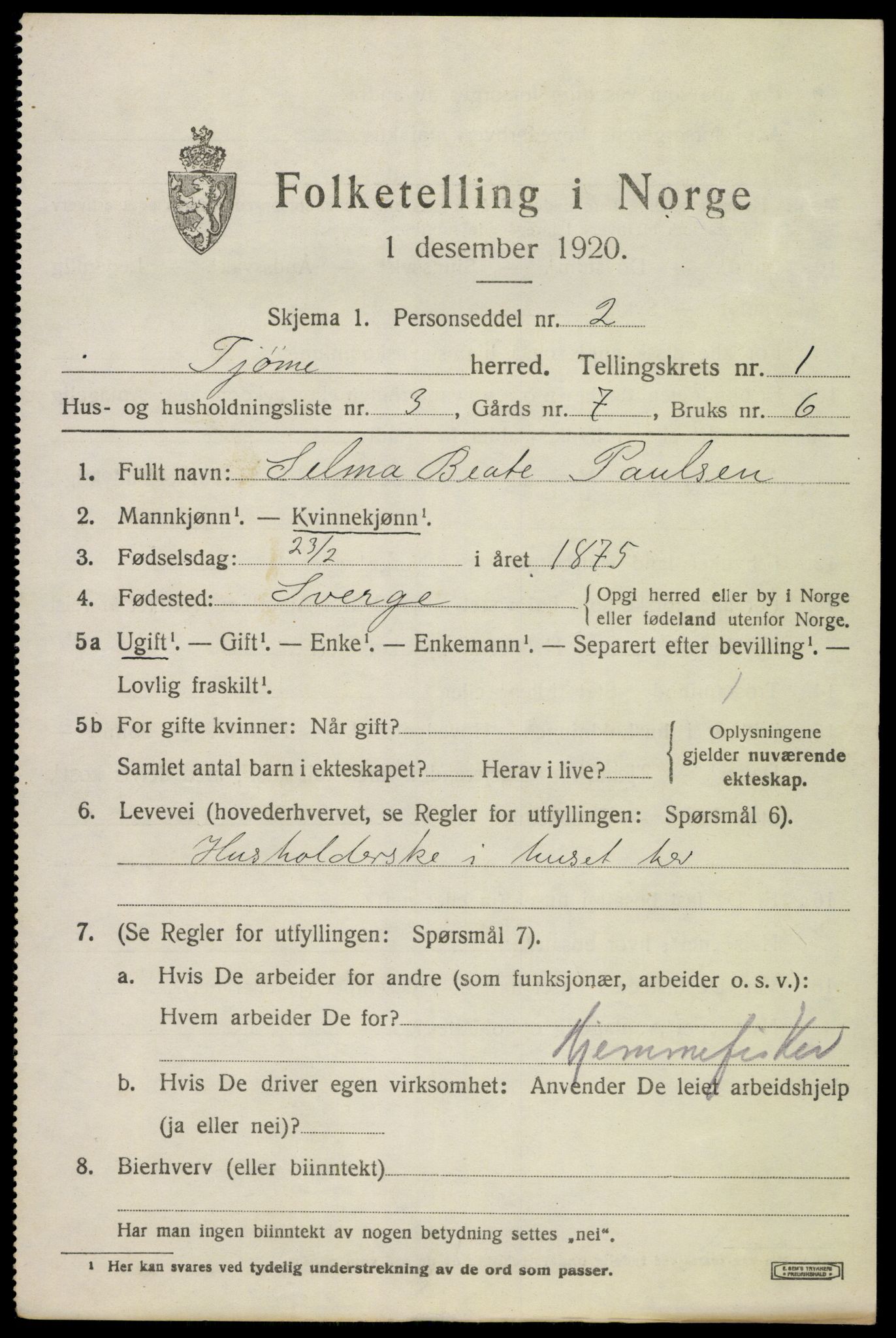 SAKO, 1920 census for Tjøme, 1920, p. 1533
