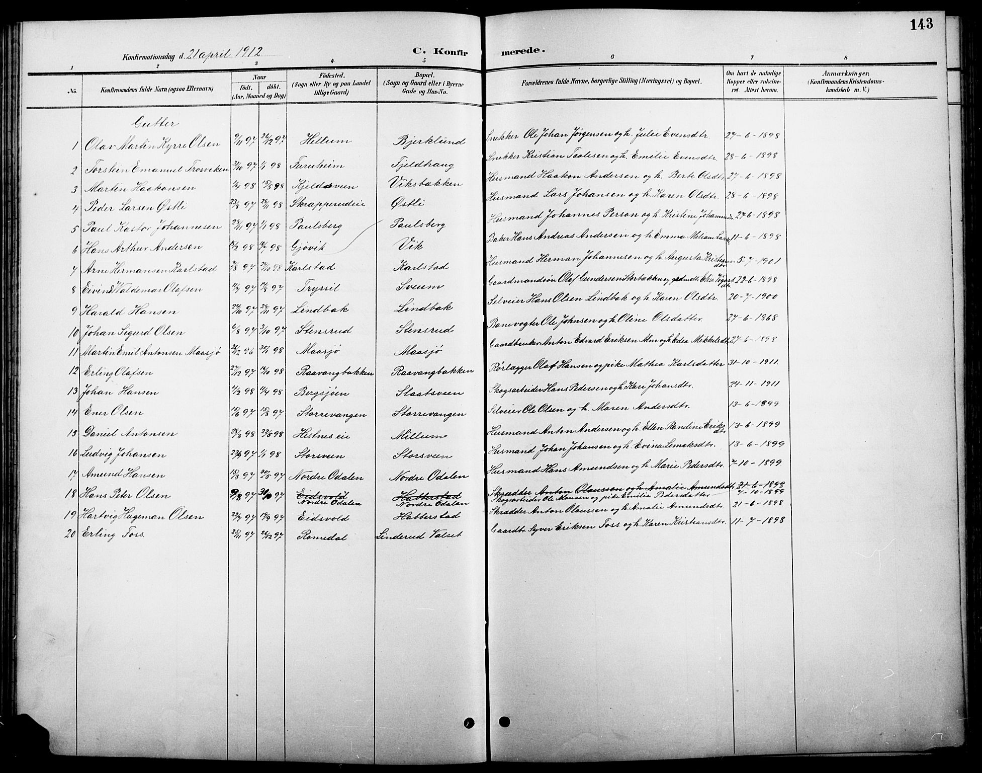 Stange prestekontor, SAH/PREST-002/L/L0011: Parish register (copy) no. 11, 1895-1917, p. 143