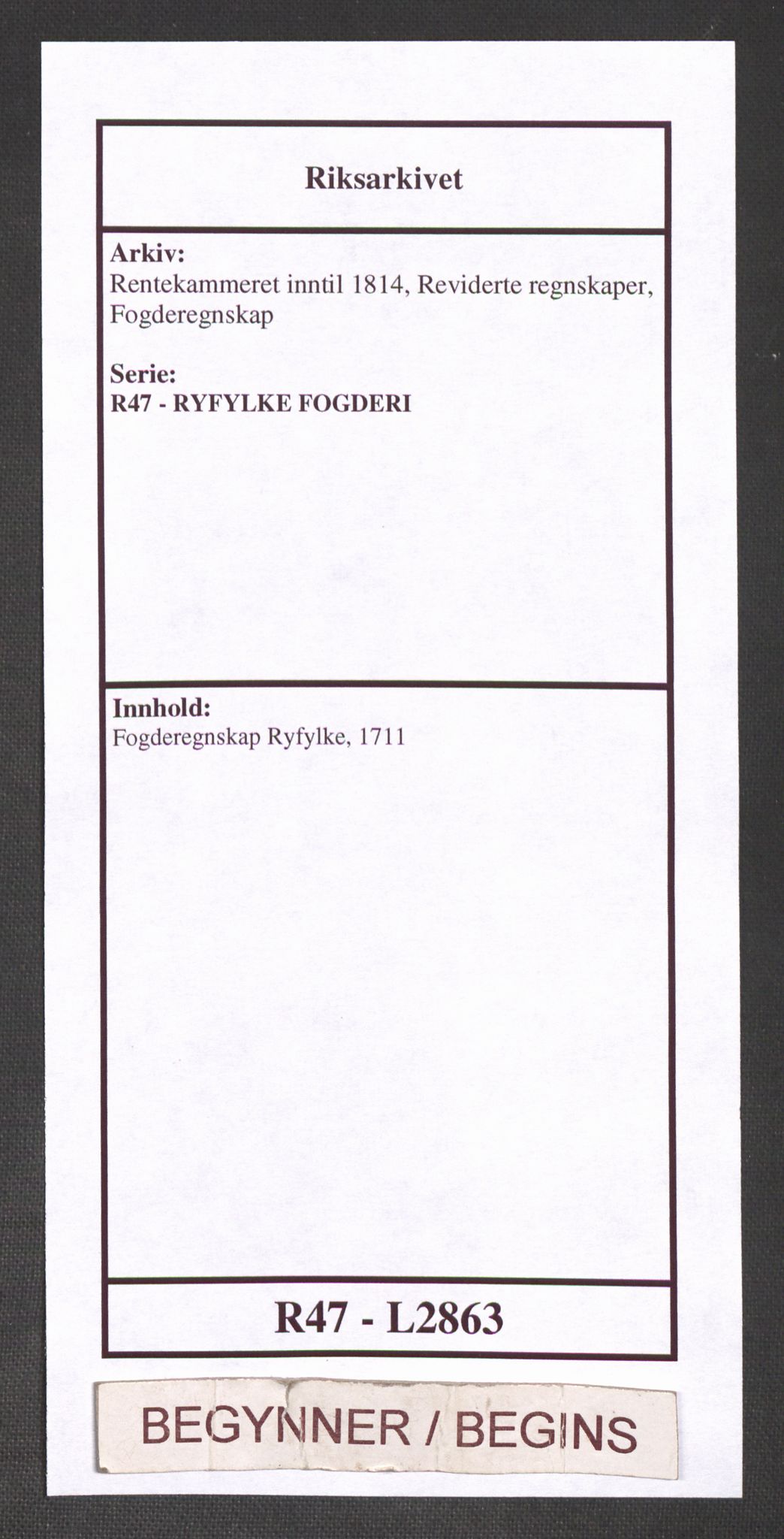 Rentekammeret inntil 1814, Reviderte regnskaper, Fogderegnskap, AV/RA-EA-4092/R47/L2863: Fogderegnskap Ryfylke, 1711, p. 1