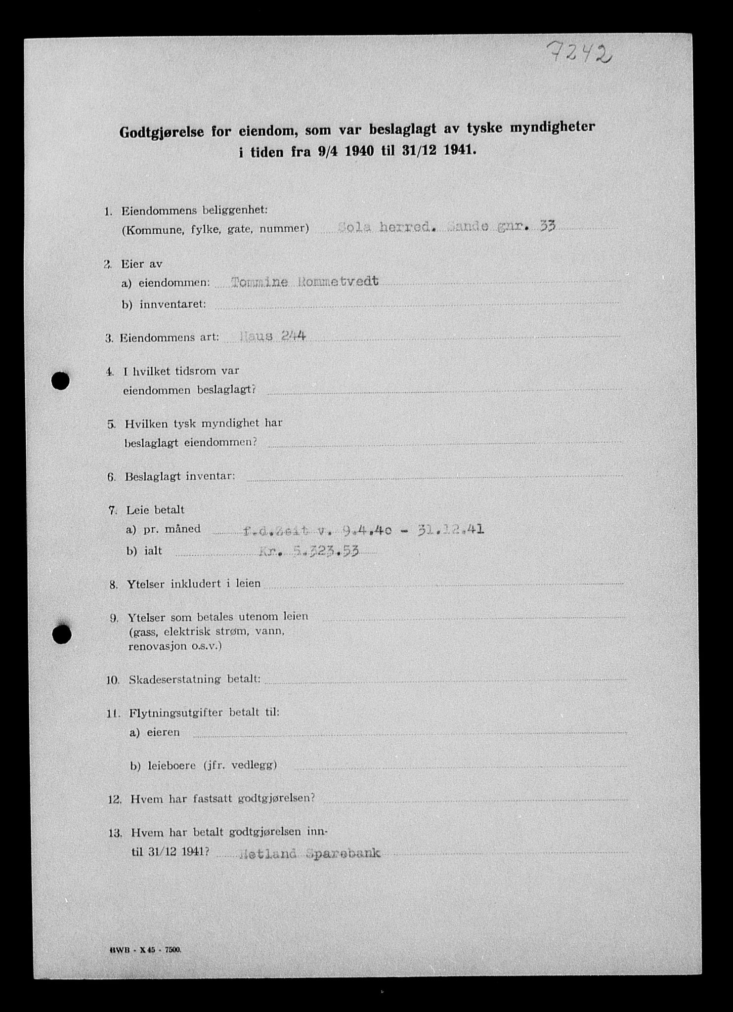 Justisdepartementet, Tilbakeføringskontoret for inndratte formuer, AV/RA-S-1564/I/L1015: Godtgjørelse for beslaglagt eiendom, 1940-1941, p. 113