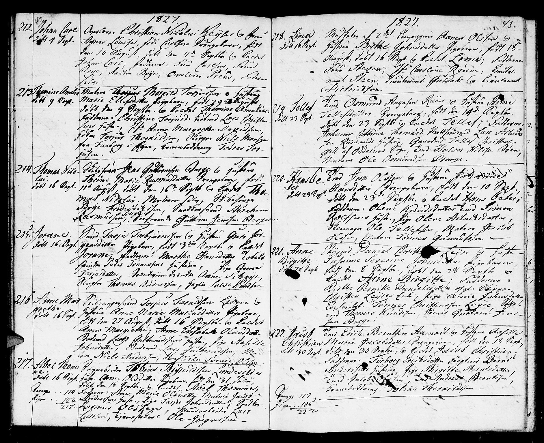 Kristiansand domprosti, SAK/1112-0006/F/Fb/L0004: Parish register (copy) no. B 4, 1826-1827, p. 42-43