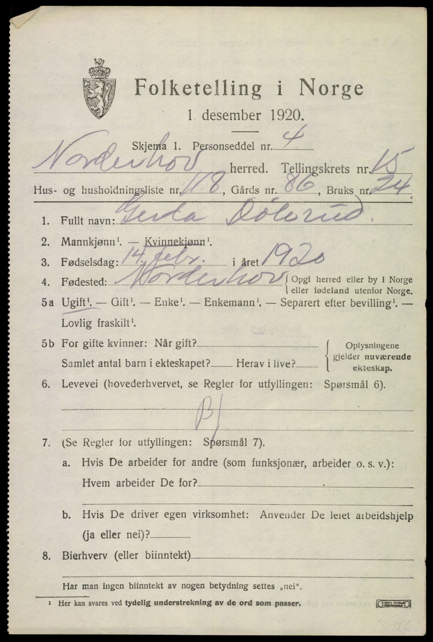 SAKO, 1920 census for Norderhov, 1920, p. 17634